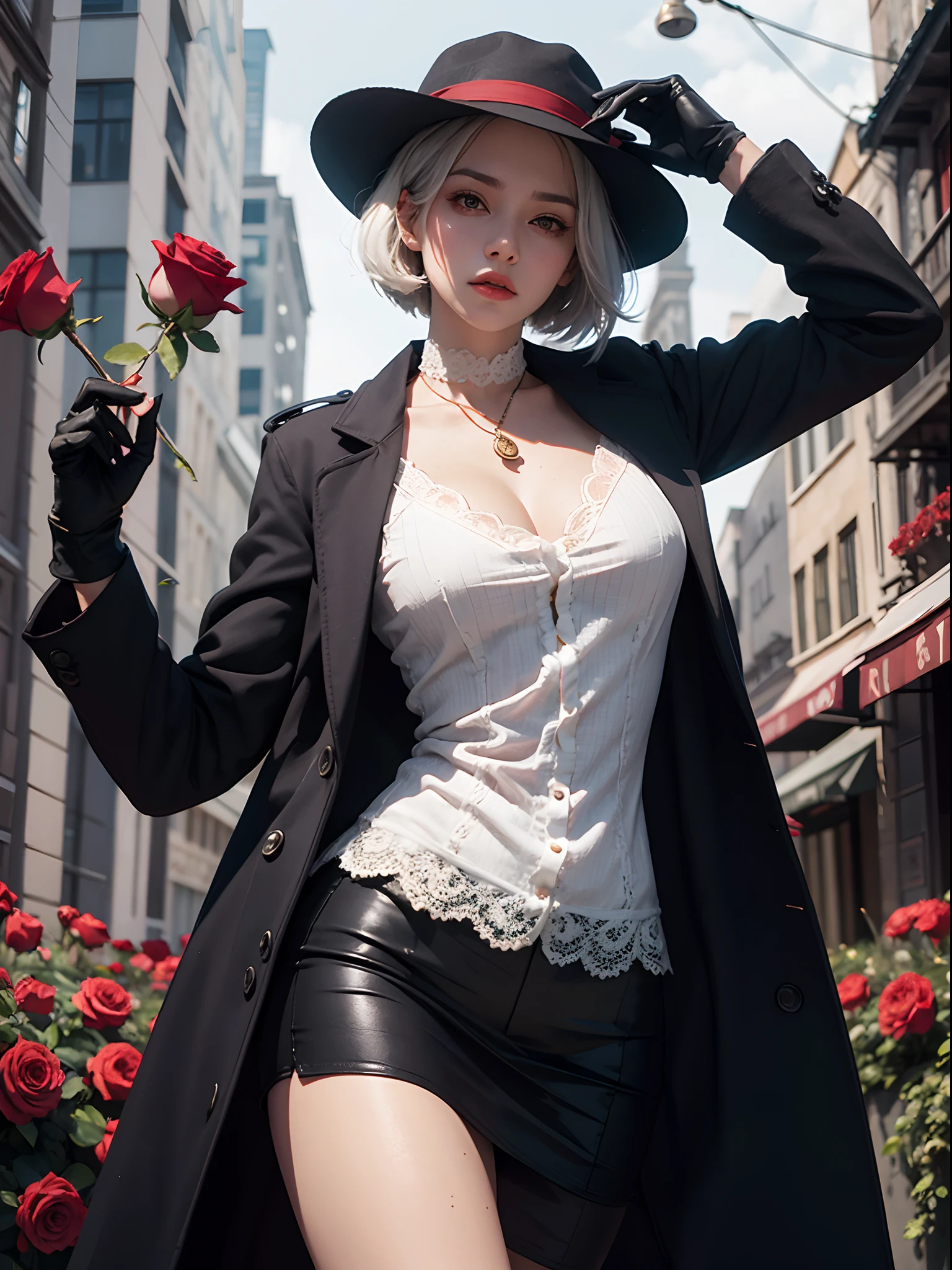Unbeatable masterpiece, Ultra photo realsisim, Perfect artwork, Intricate details, Best quality, Strong light , High contrast, Dynamic pose, Dutch angle , upskirt , white hair , big breasts , red eyes .high detail , expressionless , (Glowing eyes) ,short straight hair , red roses , Black gloves ,trench coat , suit , brooch , Clothes that arenot bare , [lgangsters]] , Wide-brimmed hat ,black Suit hat , There was lace on the front ,