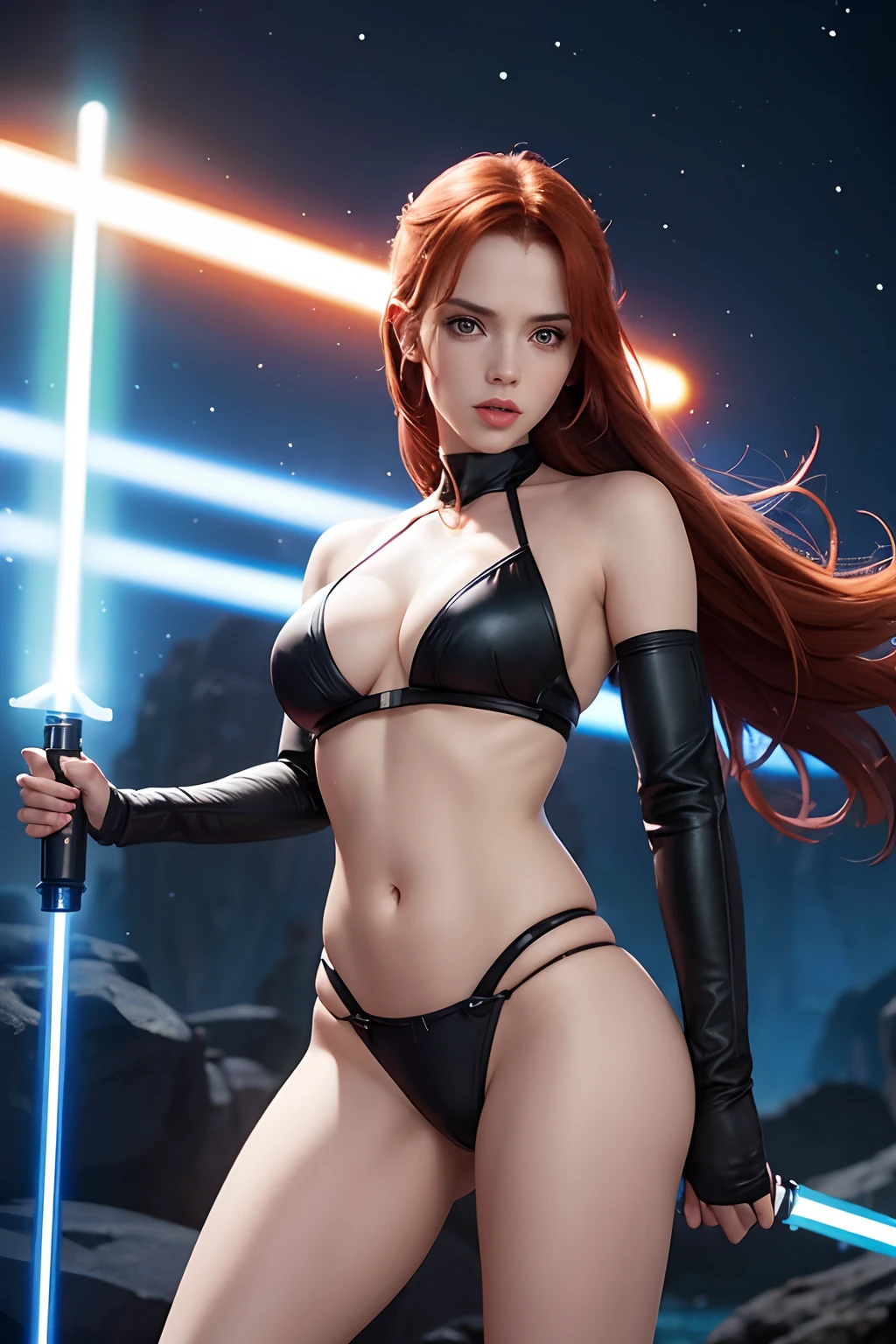 araffe star wars sexy woman with lightsabed sword in a bikini, amouranth, mara jade skywalker, better known as amouranth, female jedi, mara jade, with lightsaber sword, amouranth as a super villain, holding lightsaber 4 k, with light-saber, star wars character, holding a lightsabre. splash art, rey