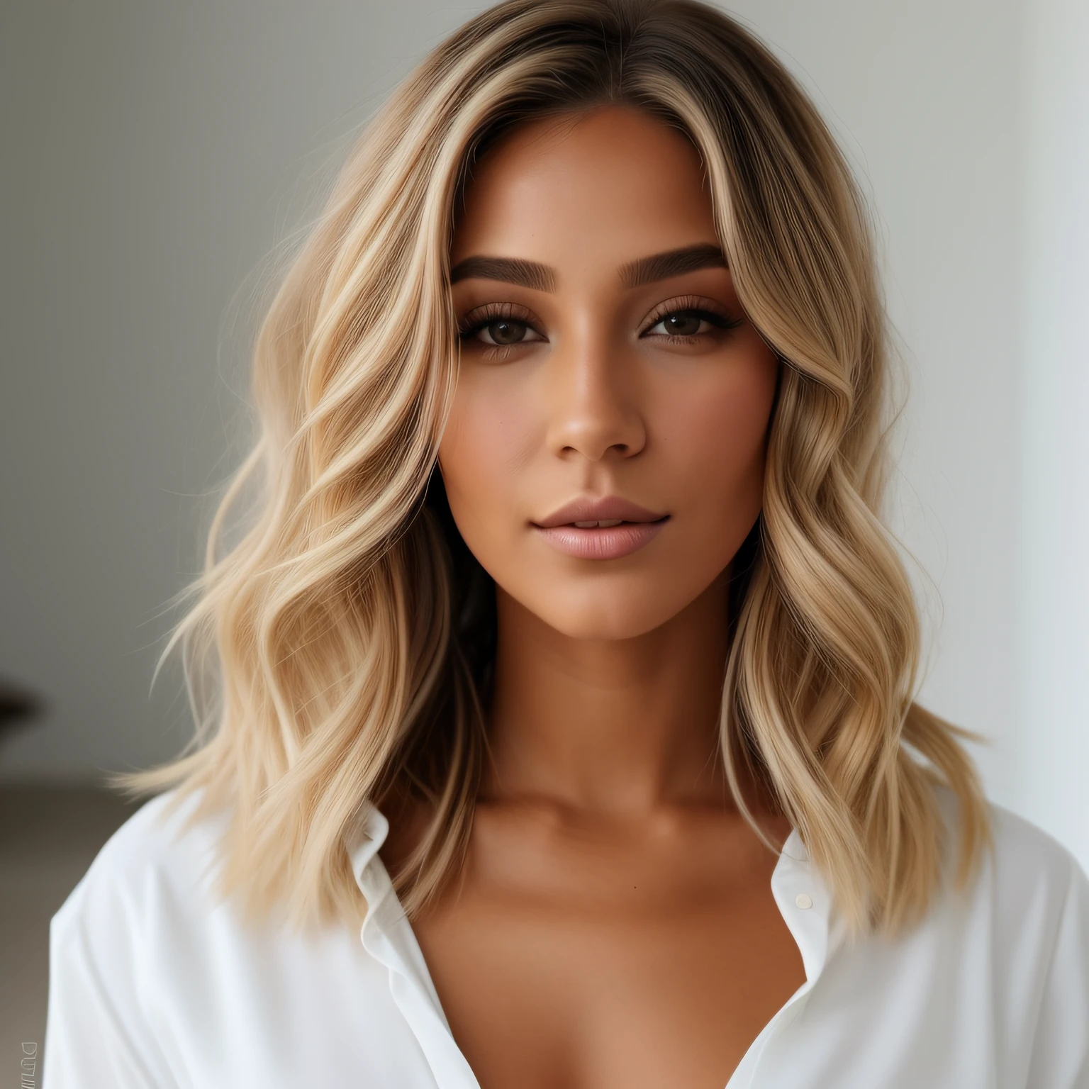 um close up de uma mulher com uma camisa branca e um colar, morena com cabelos loiros tingidos, cabelos ondulados na altura dos ombros, blonde medium hair, middle length hair, cabelos loiros curtos ondulados, ombro - comprimento do cabelo loiro, penteado ondulado, cabelo na altura dos ombros, curly middle part haircut, medium and medium-length hair, ondulado, shoulder-length hair, ombro - cabelo na altura do cabelo