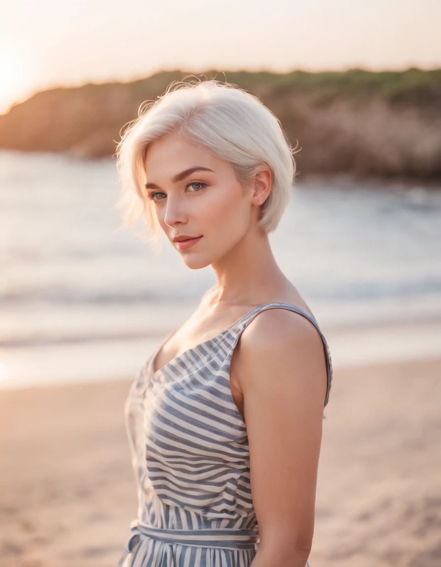 Coastal beauty, 1girl in a charming nautical outfit, (short white hair), striped shirt, (bright eyes, sun-kissed skin, carefree expression), sandy beach background, lighthouse, gentle sea breeze, playful pose, dynamic composition, golden hour lighting, blurred background, rich colors, fine details, hyperrealistic, 50mm lens, relaxed atmosphere. portrait photography, 35mm film, natural blurry