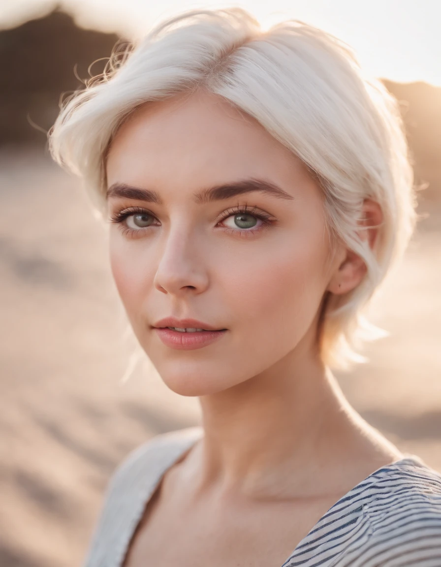 Coastal beauty, 1girl in a charming nautical outfit, (short white hair), striped shirt, (bright eyes, sun-kissed skin, carefree expression), sandy beach background, lighthouse, gentle sea breeze, playful pose, dynamic composition, golden hour lighting, blurred background, rich colors, fine details, hyperrealistic, 50mm lens, relaxed atmosphere. portrait photography, 35mm film, natural blurry