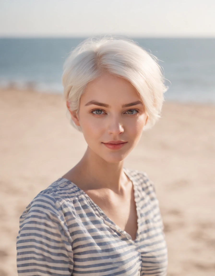 Coastal beauty, 1girl in a charming nautical outfit, (short white hair), striped shirt, (bright eyes, sun-kissed skin, carefree expression), sandy beach background, lighthouse, gentle sea breeze, playful pose, dynamic composition, golden hour lighting, blurred background, rich colors, fine details, hyperrealistic, 50mm lens, relaxed atmosphere. portrait photography, 35mm film, natural blurry