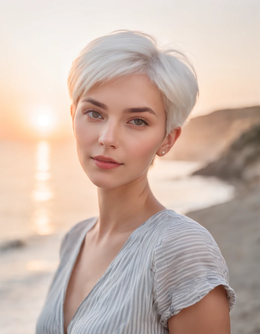 Coastal beauty, 1girl in a charming nautical outfit, (short white hair), striped shirt, (bright eyes, sun-kissed skin, carefree expression), sandy beach background, lighthouse, gentle sea breeze, playful pose, dynamic composition, golden hour lighting, blurred background, rich colors, fine details, hyperrealistic, 50mm lens, relaxed atmosphere. portrait photography, 35mm film, natural blurry