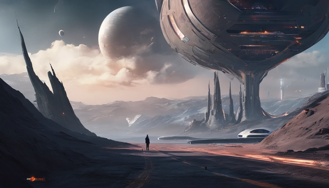 Spaceships and characters in sci-fi landscapes, The background is a mountain, concept art by Ludwik Konarzewski Jr, cgsociety contest winner, Space art, award winning scifi art, sci-fi artwork, scifi illustration, scifi illustration, greg beeple, epic fantasy sci fi illustration, scifi concept art, There are two large black buildings with the dark sky as a backdrop, black sand, Inspired by Cha Siyao's matte paintings, pexels contest winner, modernism, angular architecture, with tall dark skyscrapers, architectural photography, geometric architecture, futuristic building, architecture photo, Futuristic architecture, in style of norman foster, Surrealism, Conceptual art, Futurism, anime, cinematic lighting, close-up, perspective, UHD, masterpiece, curate, best quality