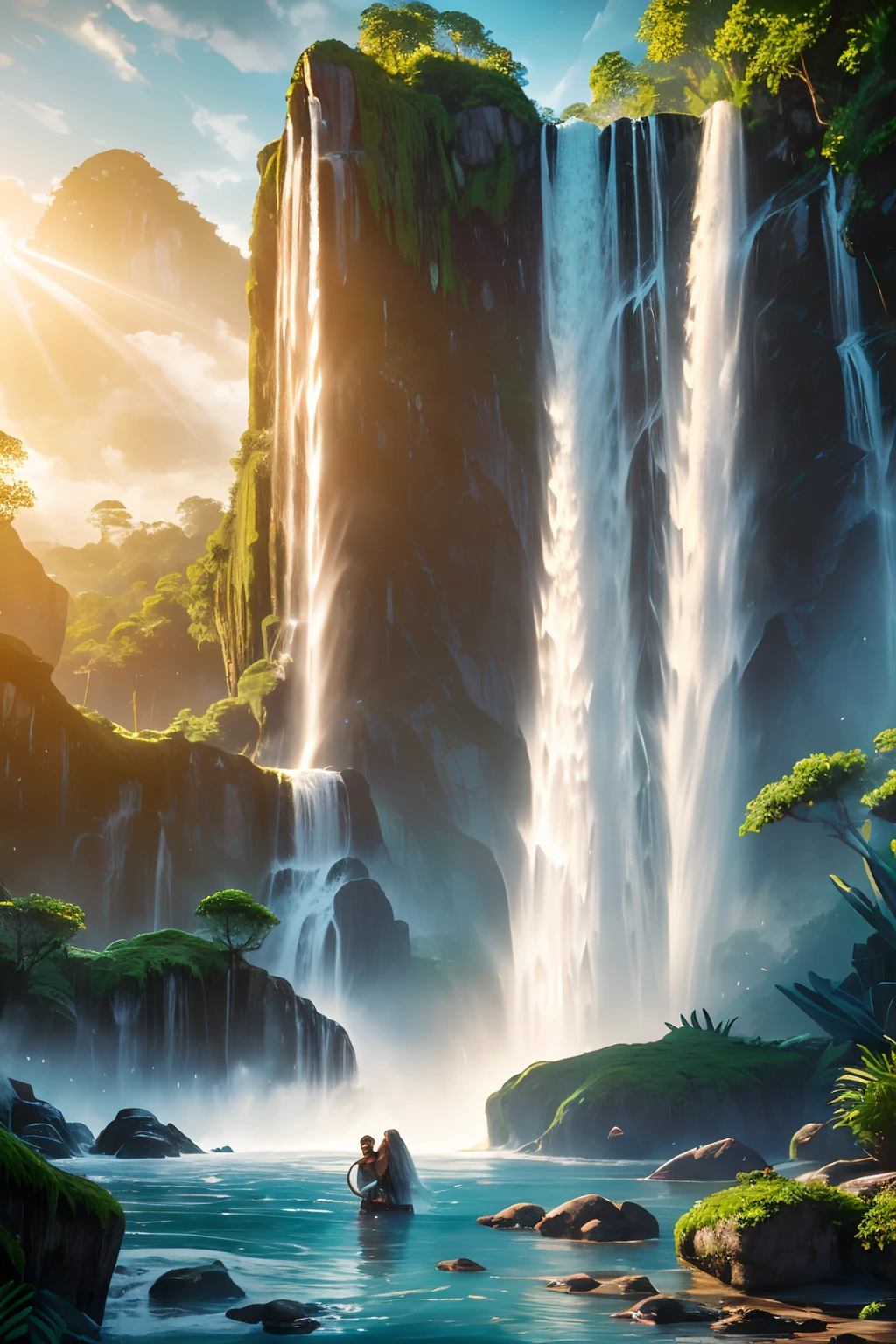 A highly realistic panoramic image of the sunlight of Tarzan and his blonde Jane with huge breasts, Parte superior nua vestida apenas com uma tanga de homem primitivo, both standing dripping water into the waters of a waterfall half surrounded by jungle trees in 10000 a.C., fotografia HD, ultra-realistic, Rei Tut, 4k, hyper-realistic, Crisp texture, cor