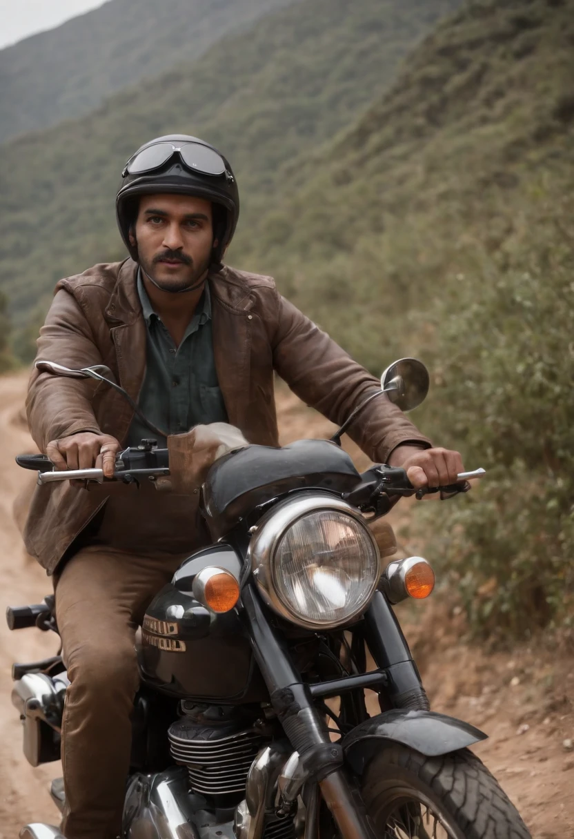 Homem sozinho, andando em uma moto Himalayan da Royal Enfield