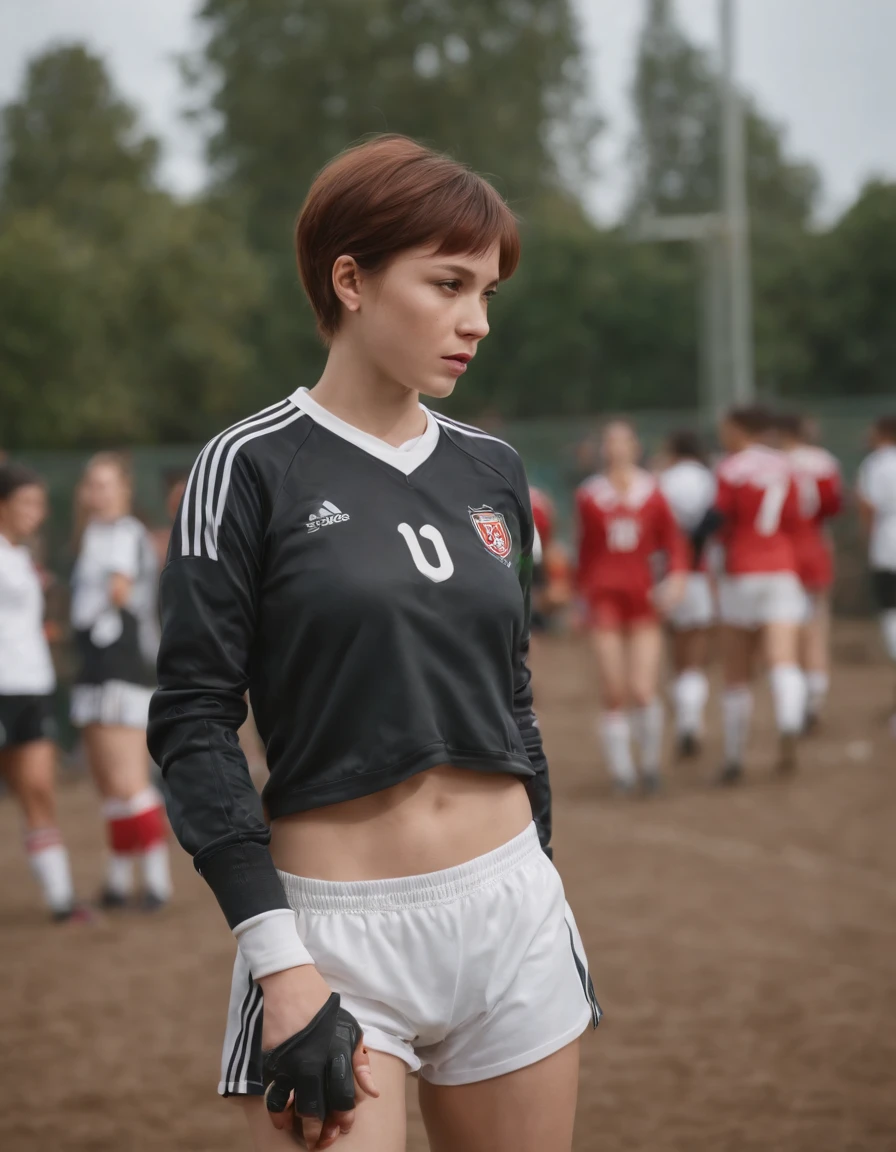 1girl, punk girl, (short hair), best quality, highly detailed, soccer field,uniform, , long socks, cleats, RAW photo, high detail,film grain, realistic, 1girl, adjusting clothes, one hand clothes pull, standing, sweaty, crowd,obviously , np clearly, womens soccer team, fifa, (looking down), hidden privates, unpants,