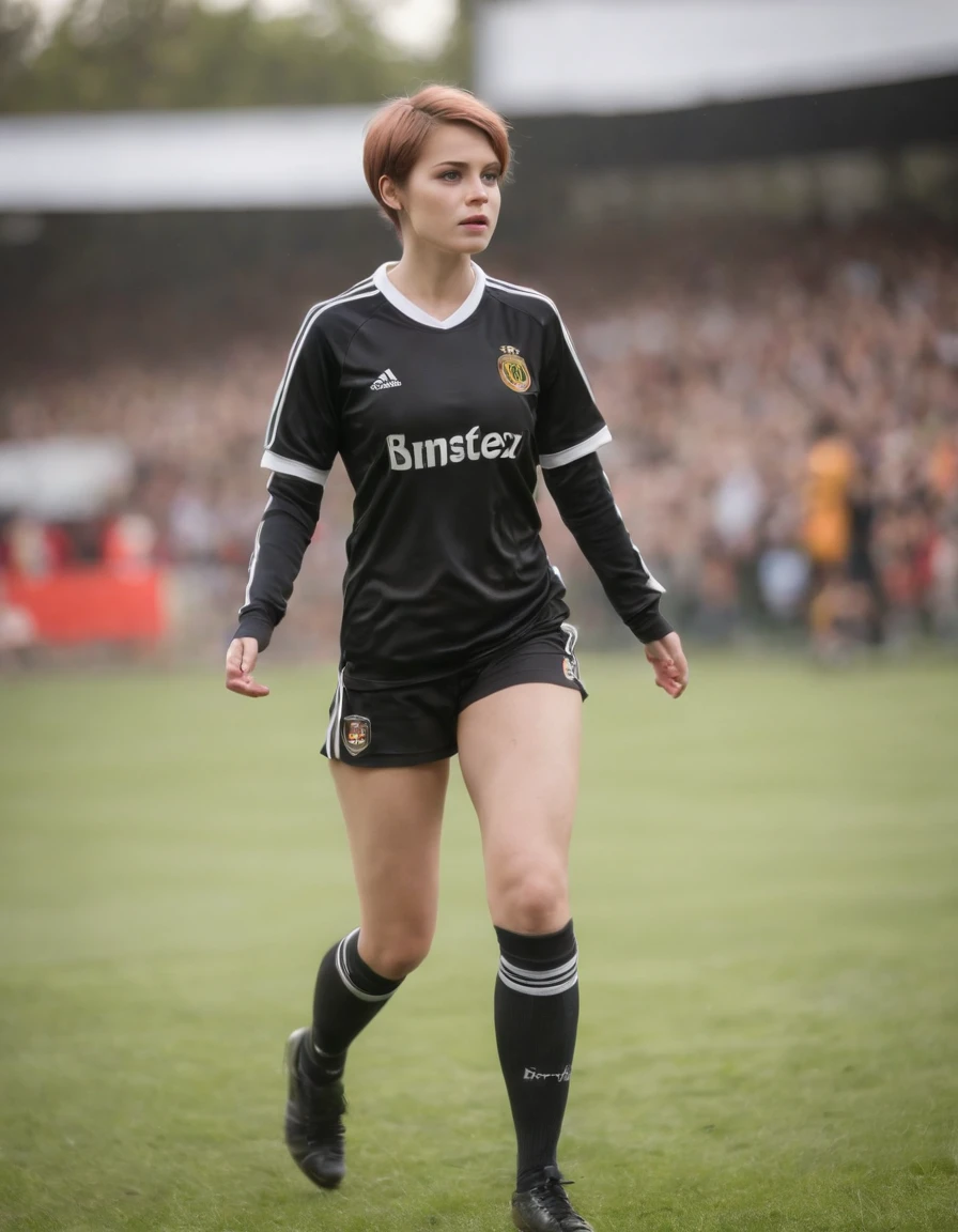 1girl, punk girl, (short hair), best quality, highly detailed, soccer field,uniform, , long socks, cleats, RAW photo, high detail,film grain, realistic, 1girl, adjusting clothes, one hand clothes pull, standing, sweaty, crowd,obviously , np clearly, womens soccer team, fifa, (looking down), hidden privates, unpants,