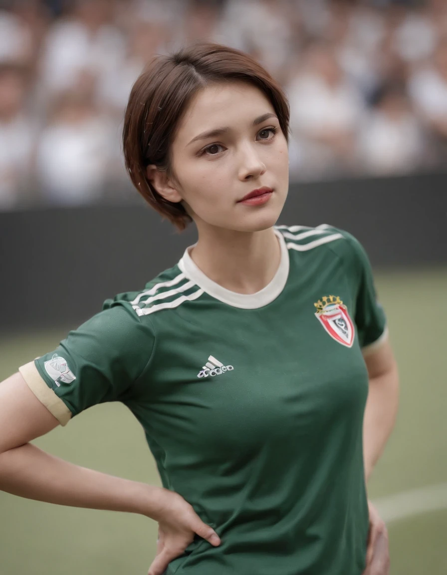 1girl, punk girl, (short hair), best quality, highly detailed, soccer field,uniform, , long socks, cleats, RAW photo, high detail,film grain, realistic, 1girl, adjusting clothes, one hand clothes pull, standing, sweaty, crowd,obviously , np clearly, womens soccer team, fifa, (looking down), hidden privates, unpants,