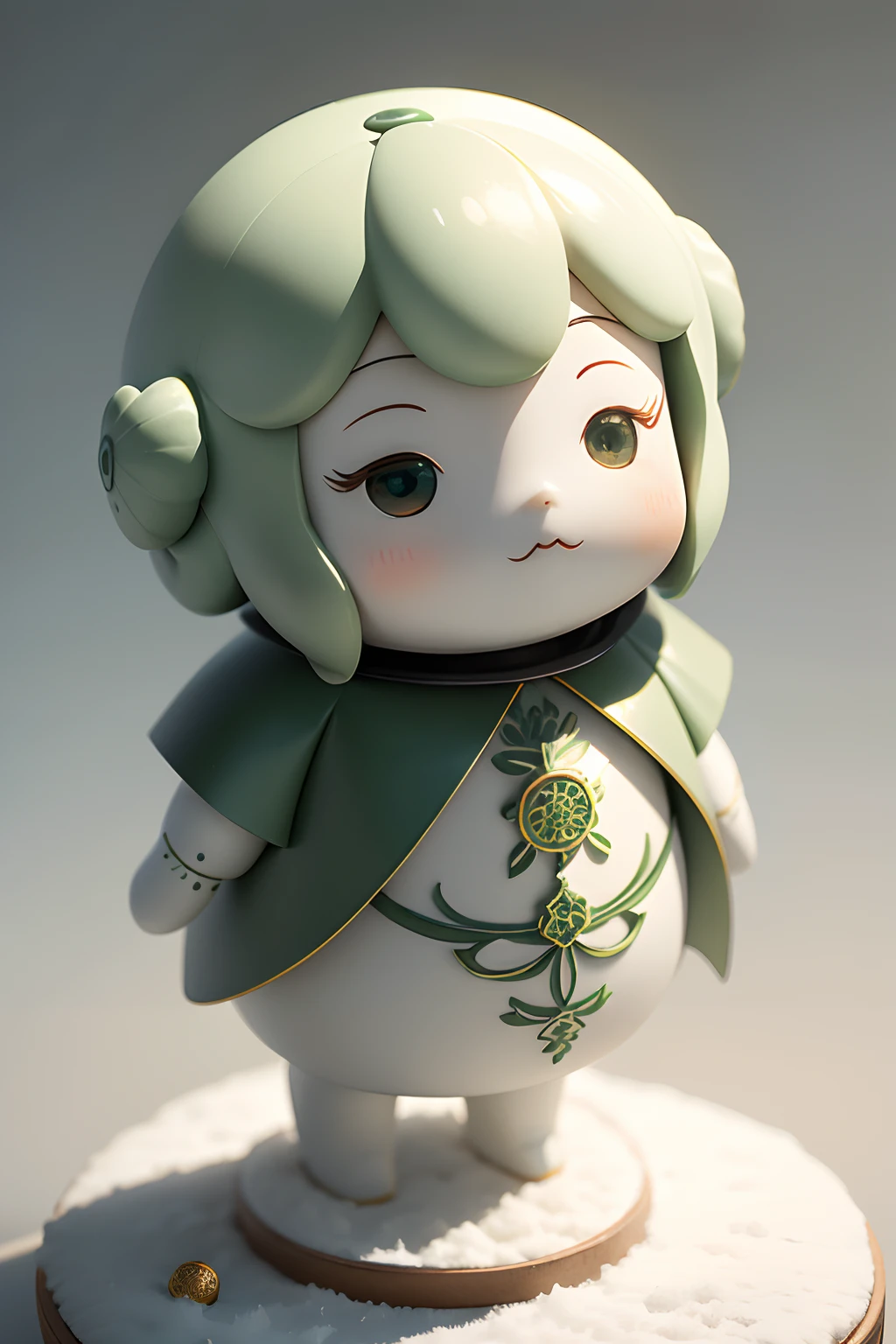 A rice doll image IP，Mechanical body，Snow-white porcelain leather，Green rice leaf texture，Eyes open mascot characteristics，Stand head-on，Physical integrity，Lots of detail，delicated，Cute and super cute，Geometric wind composition，Full head，Elements of meditation culture，Solid background color，Flat style