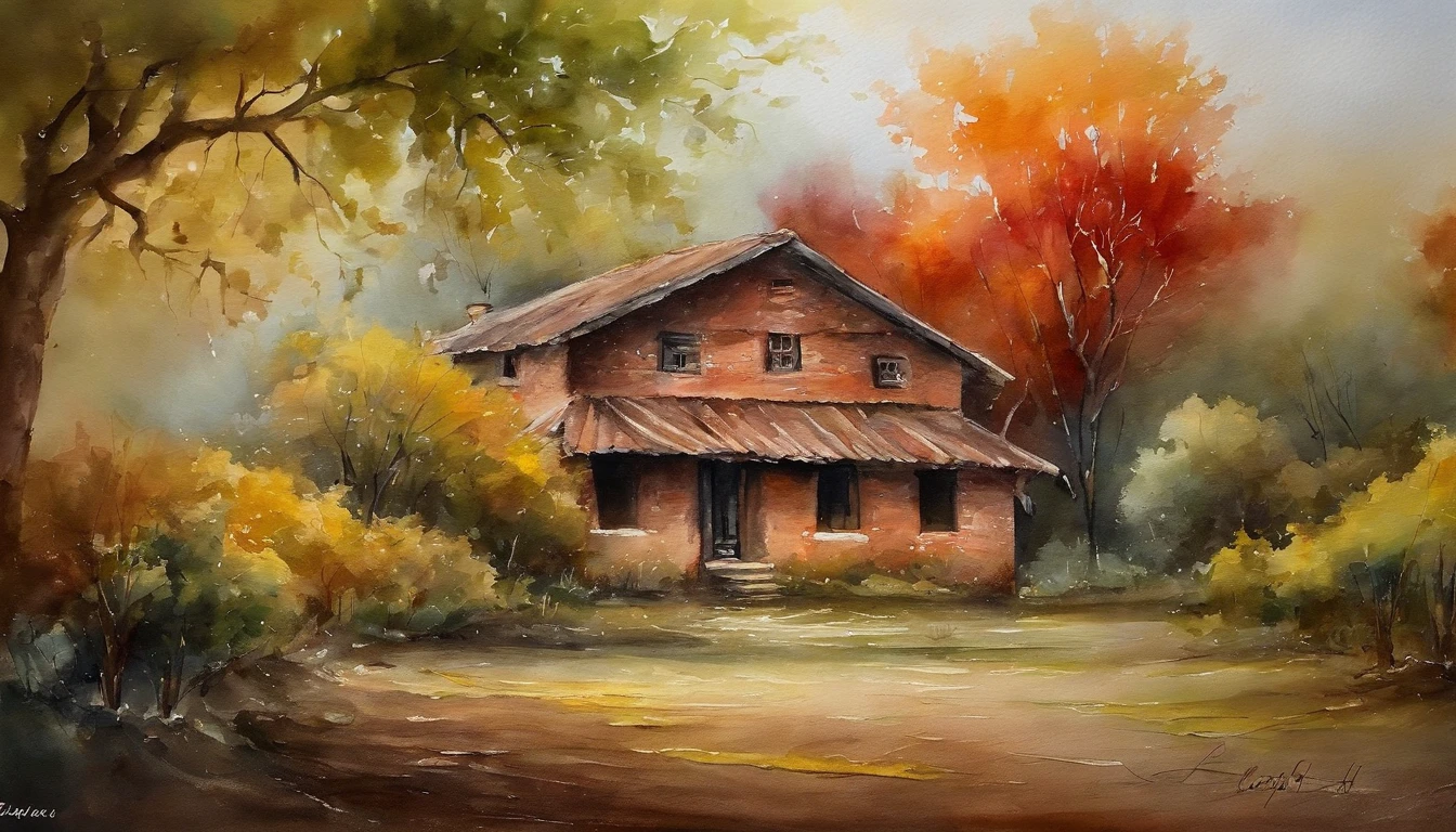 Old residential area,Red brick building,Big banyan tree,Clean the pavement,Fallen leaves,autumnal,in the early morning,Light yellow tone,super-fine,Carefully portrayed,high qulity,8K,