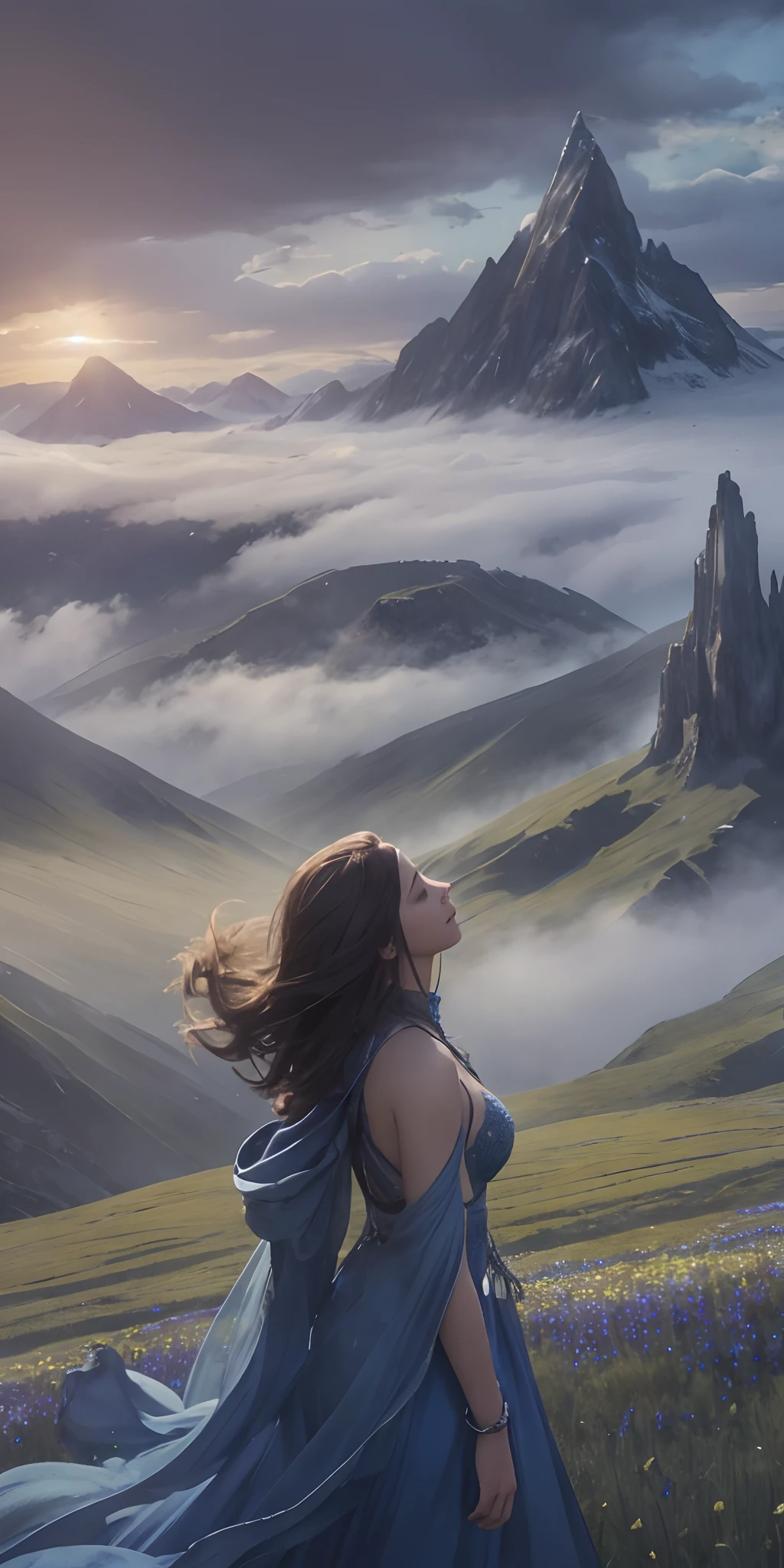 (masterpiece:1.2), (best quality), 8k, ultra-detailed, (dynamic composition:1.4), highly detailed, dreamy, (solo:1.2) BREAK production art, lot of blue, intricate details, volumetric lighting BREAK expansive landscape photograph , (a view from below that shows sky above and open field below), a girl standing on flower field looking up, misty atmospheric, (foggy) mountaintop background, epic gradient sky, mountain, tree