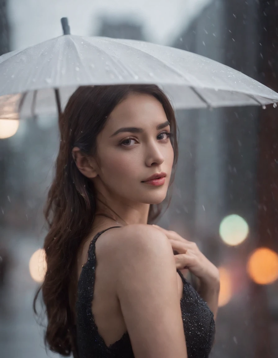 portrait, 1woman silhouette, (holding a white umbrella) , neon lights, city reflections, raindrops, wet pavement, misty, highly detailed face, sharp focus, cinematic shot, cinematic lighting, best quality, HDR, raw photo, film grain, cinestill 50d , anamorphic lens , 35mm lens , sci-fi movie scene, cinematic lighting, Cinemascope , masterpiece, best quality, (masterpiece,best quality:1.5), ultra realistic,32k,RAW photo,(high detailed skin:1.2), 8k uhd, dslr, soft lighting, high quality, film grain