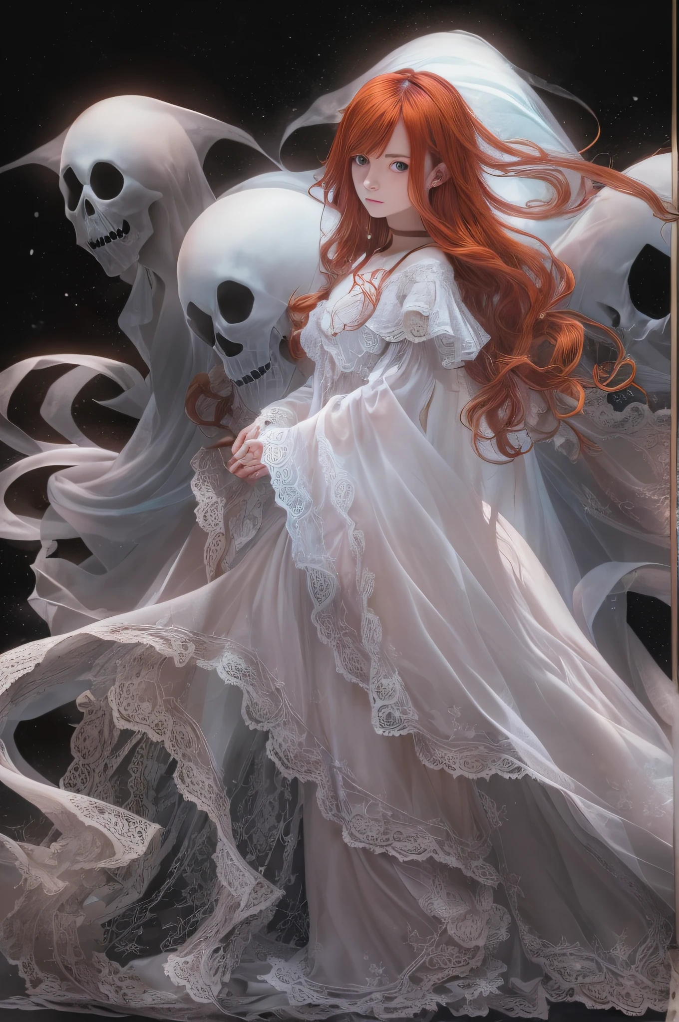 A beautiful female, red-Haired, ghost transparant and bluish white, standing, turned slightly right on a black background