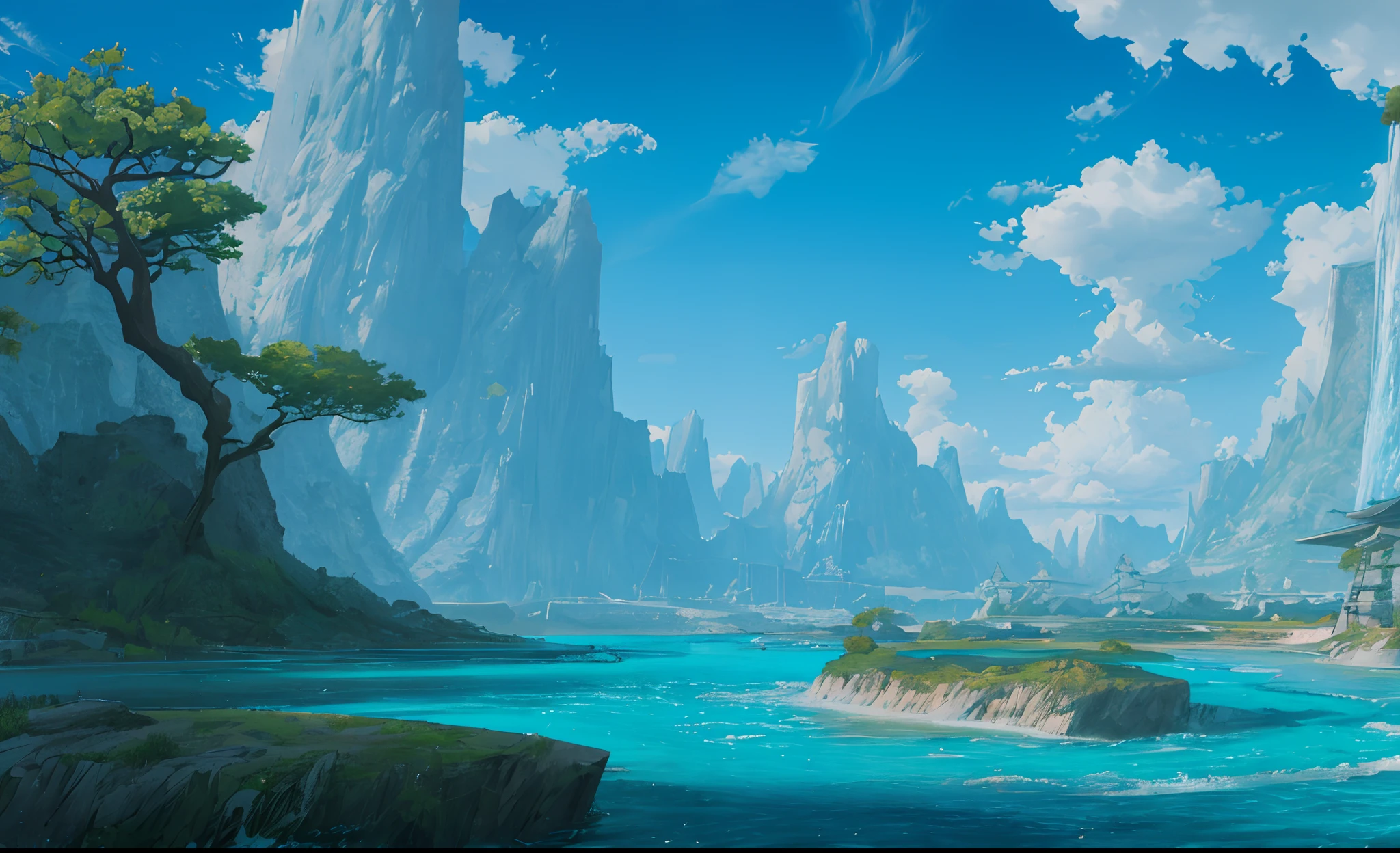 ConceptArt, no humans, scenery, water, sky, day, tree, cloud, waterfall, outdoors, building, nature, river, blue sky