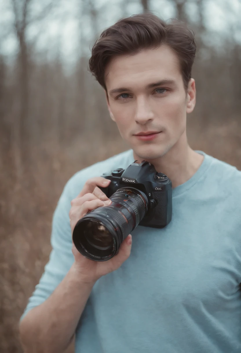 man photoshoot, in the style of analogue filmmaking, negative colors, light blue and light crimson, kodak vision3 50d, ethereal portraits, flickr, 100mm