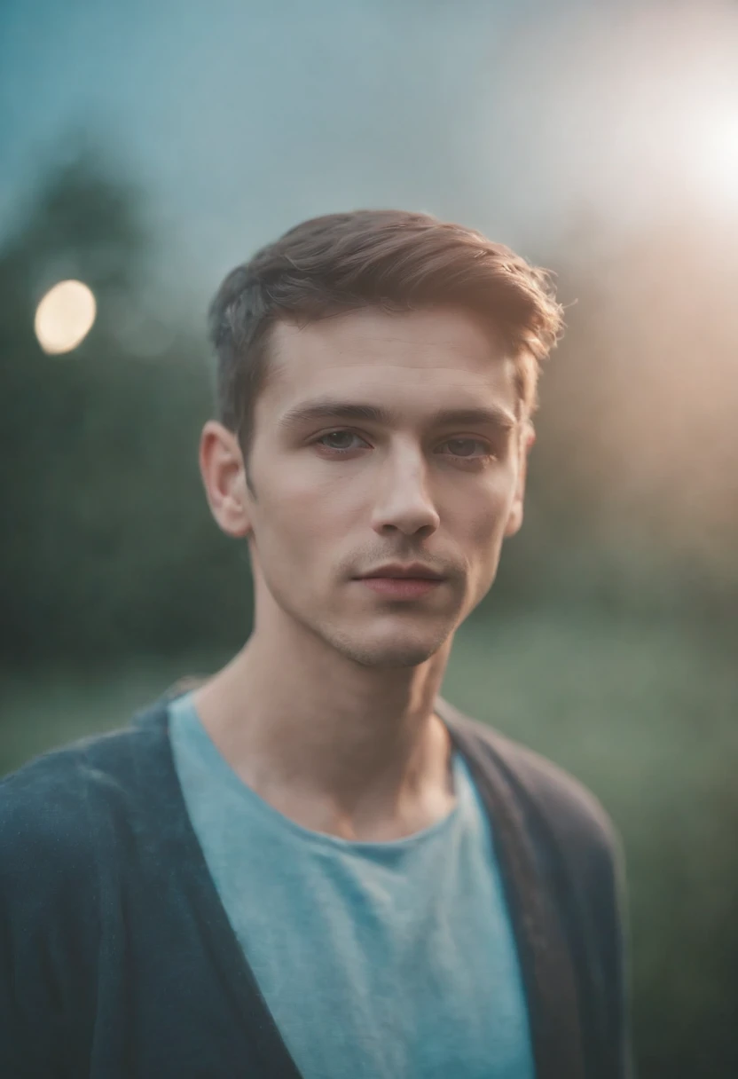 man photoshoot, in the style of analogue filmmaking, negative colors, light blue and light crimson, kodak vision3 50d, ethereal portraits, flickr, 100mm