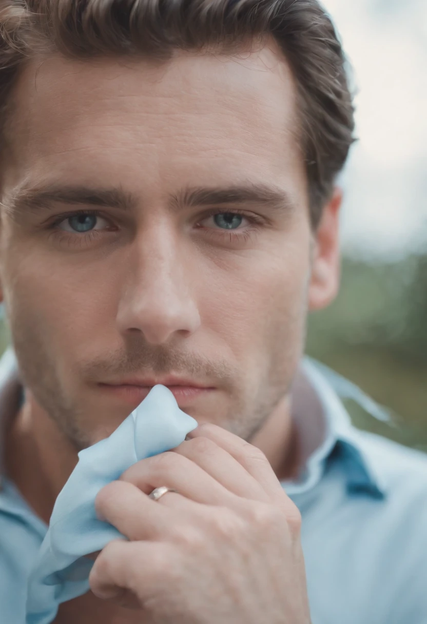 man photoshoot, in the style of analogue filmmaking, negative colors, light blue and light crimson, kodak vision3 50d, ethereal portraits, flickr, 100mm