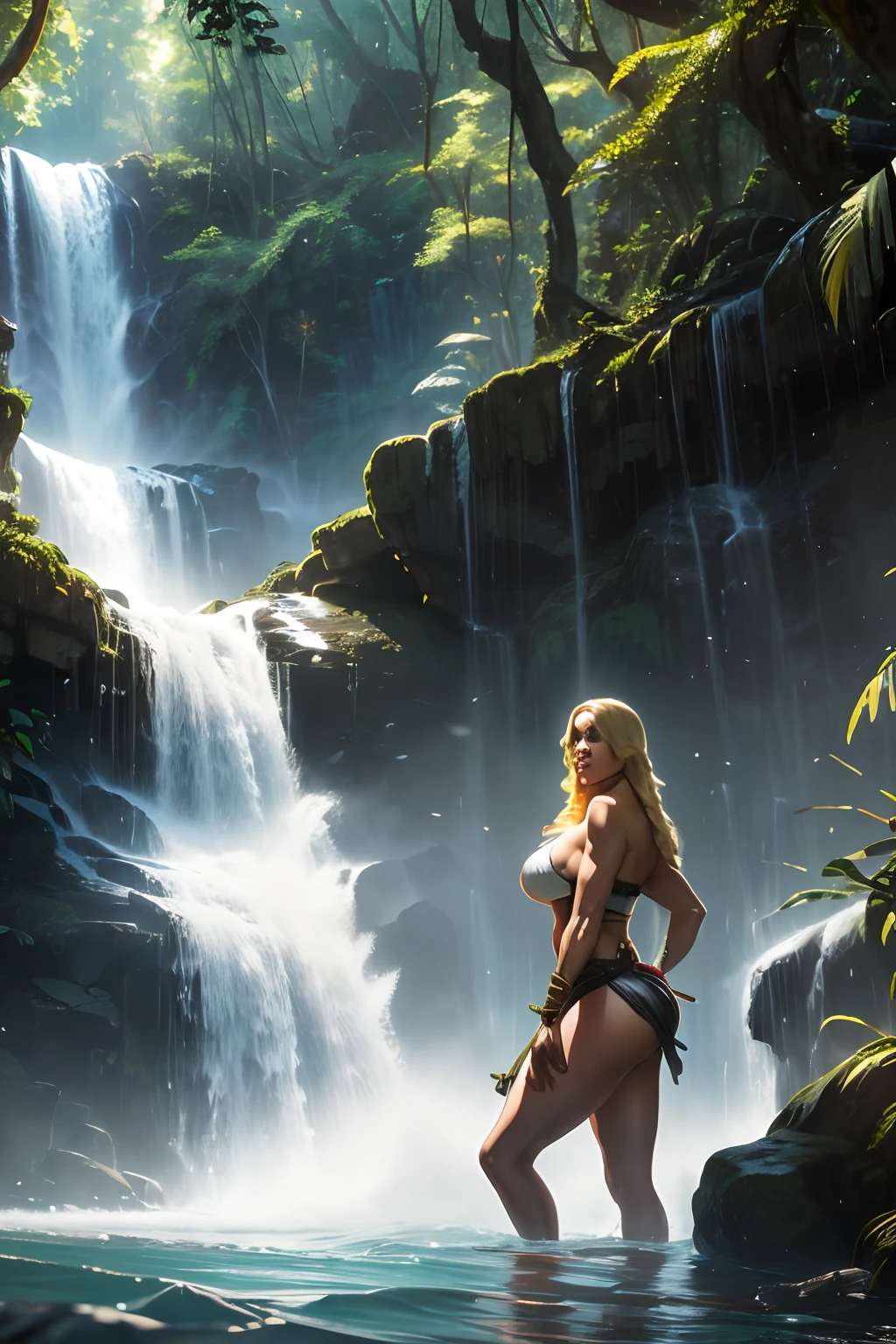 A highly realistic panoramic image of the sunlight of Tarzan and his blonde Jane with huge breasts, Parte superior nua vestida apenas com uma tanga de homem primitivo, both standing dripping water into the waters of a waterfall half surrounded by jungle trees in 10000 a.C., fotografia HD, ultra-realistic, Rei Tut, 4k, hyper-realistic, Crisp texture, cor