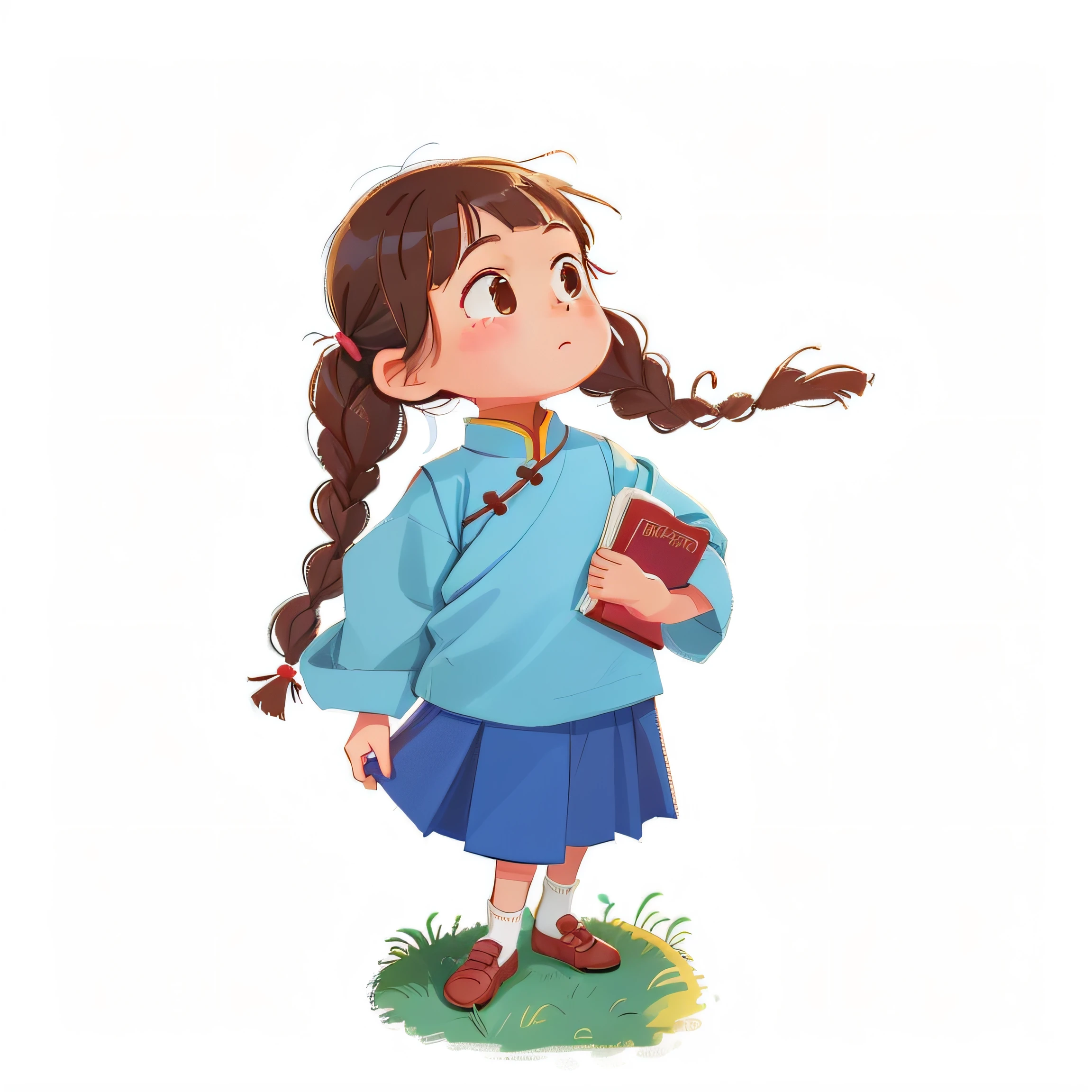 Cartoon girl with book in hand, Chinese girl, Female explorer mini cute girl, children illustration, Girl standing, cute character, inspired by Chen Daofu, character is in her natural pose, small loli girl, inspired by Mei Qing, girl in uniform, Girl with brown hair, in a blue qipao, Character illustration, 2D illustration