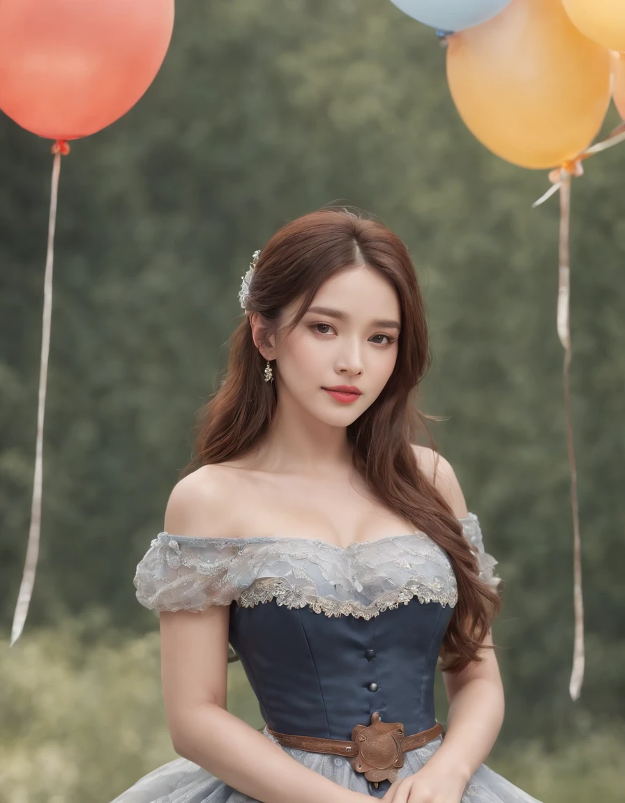 1girl,solo,jewelry,long hair,necklace,earrings,simple background,looking at viewer,cowboy shot,off shoulder,__yanse__ dress,wavy hair,bare shoulders,grey eyes,lips,parted lips,skirt,frills,(__yanse__ dress:1.3),colorful balloons,winnie the pooh,(hands behind the back:1.5),