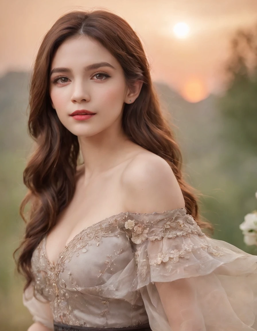 1girl,solo,jewelry,long hair,necklace,earrings,simple background,looking at viewer,cowboy shot,off shoulder,__yanse__ dress,wavy hair,bare shoulders,grey eyes,lips,parted lips,skirt,frills,(__yanse__ dress:1.3),colorful balloons,winnie the pooh,(hands behind the back:1.5),