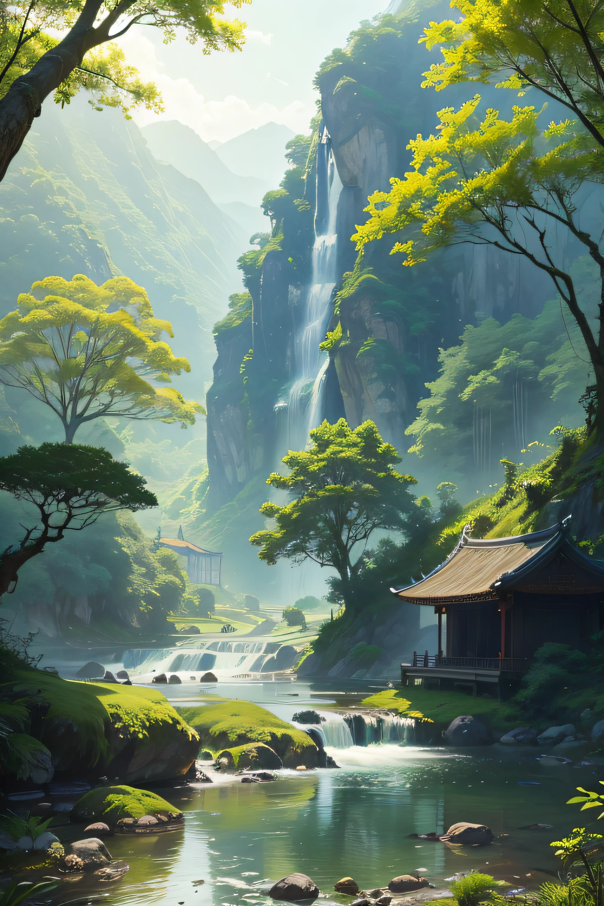 Chinese antiquity、springtime、jungles、lakes、mountain stream、flowingwater,The tree、grassy fields、Rochas、hydrosphere ,The light is gentle,Best Picture Quality