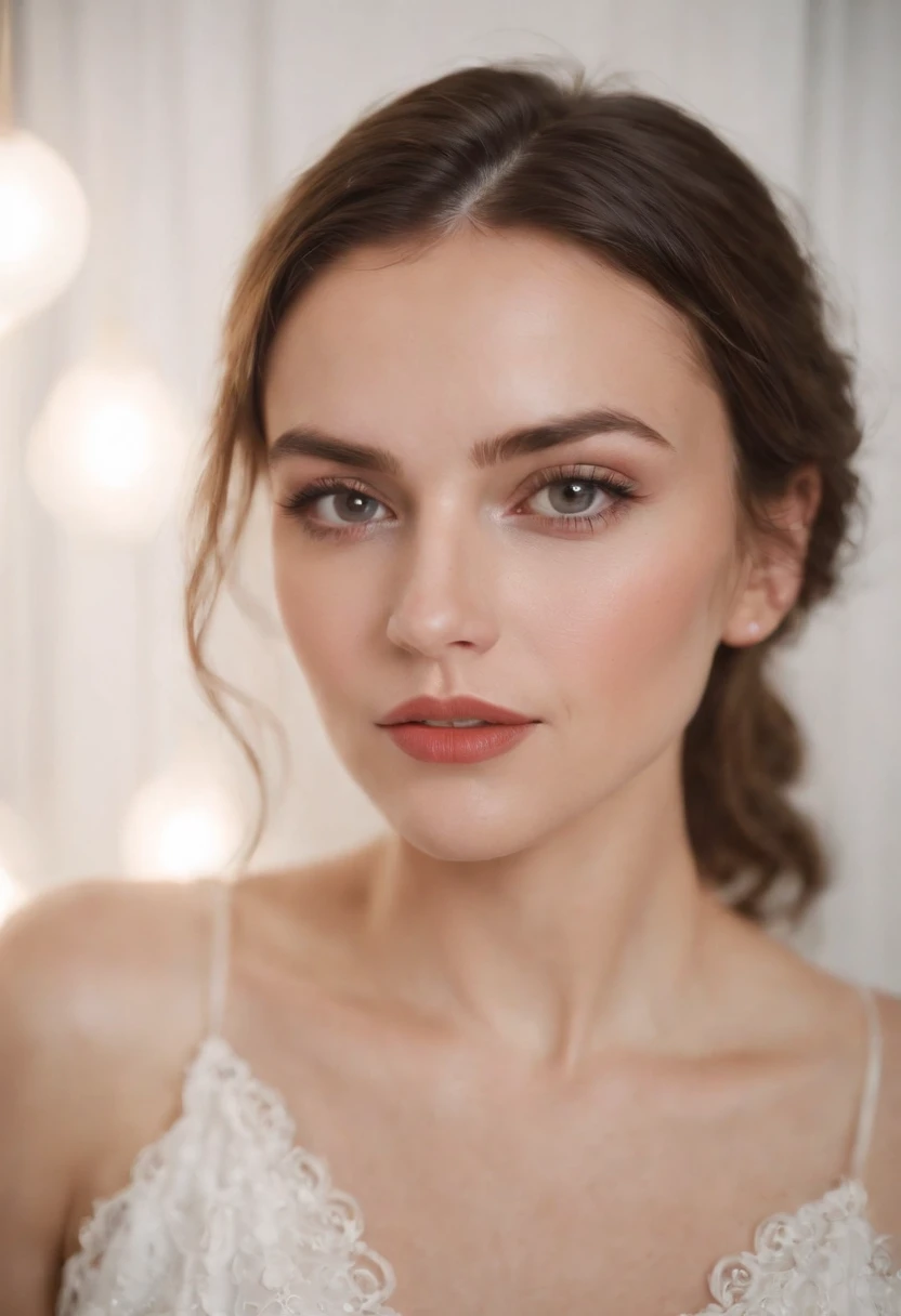 realistic photo, portrait of a woman at a party, photography taken with flash, white background white wall of home portrait analog photography, grain film, vintage photo, in the style of lo-fi aesthetics