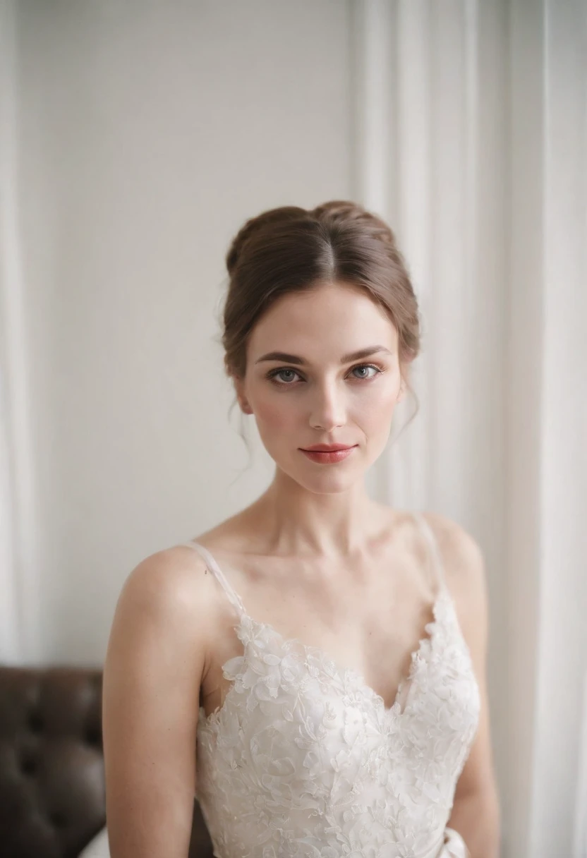 realistic photo, portrait of a woman at a party, photography taken with flash, white background white wall of home portrait analog photography, grain film, vintage photo, in the style of lo-fi aesthetics