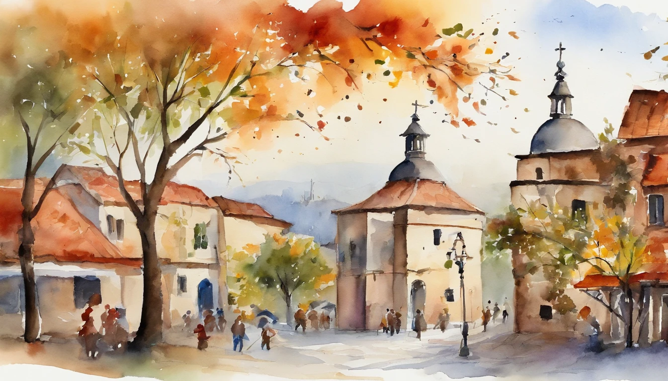 In the square，The bell tower is in the center、Celebrate the harvest festival、Watercolor touch、