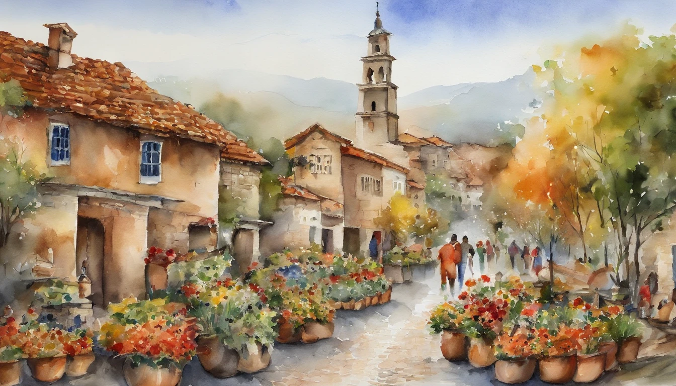 In the square,The bell tower is in the center、Celebrate the harvest festival、Watercolor touch、