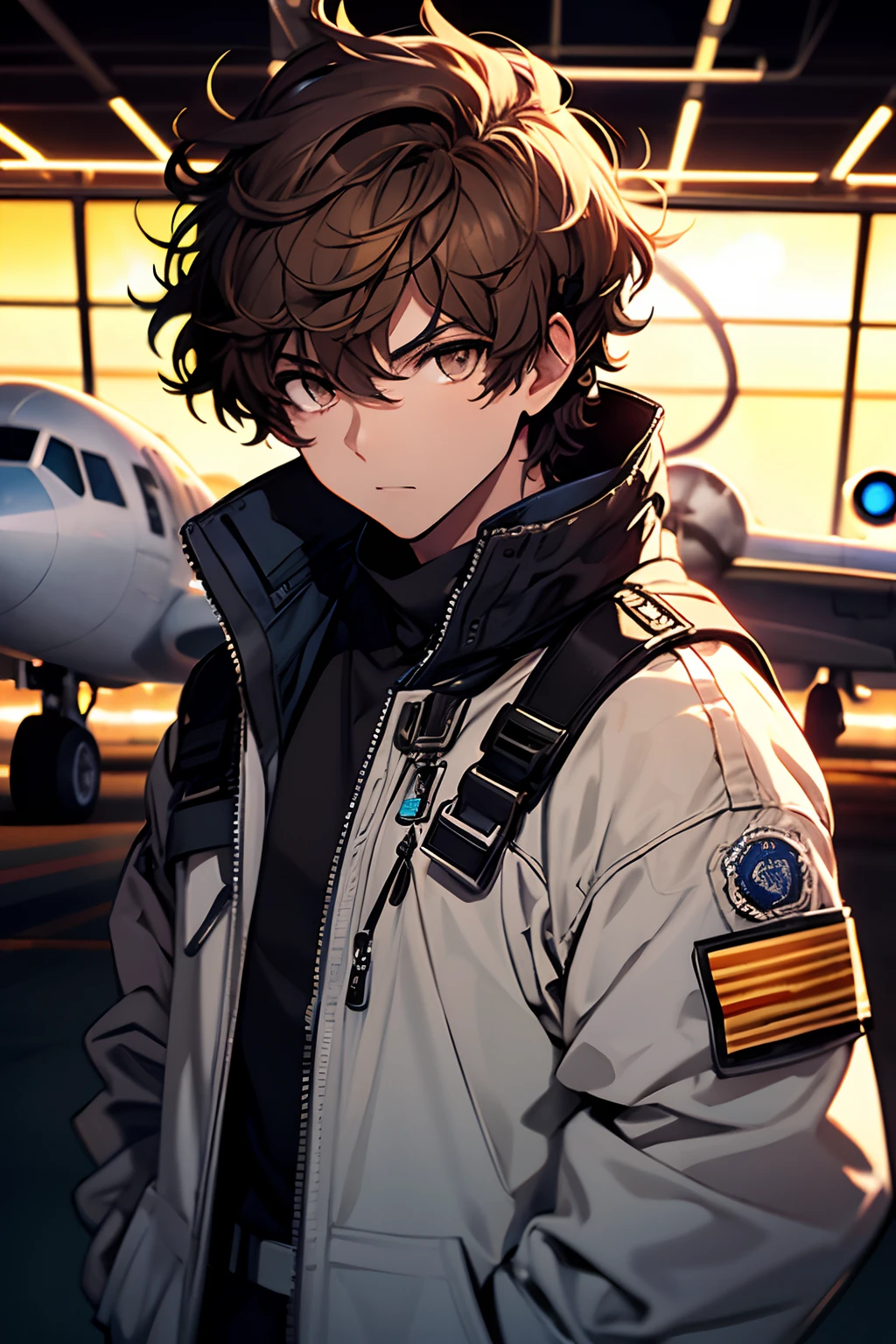 boy, brown hair, short hair, curly hair, dark brown eyes, wearing flight goggles, airplane pilot,pilot costume, airport night background with neon blue moon,((high quality),((high definition)),((master piece))