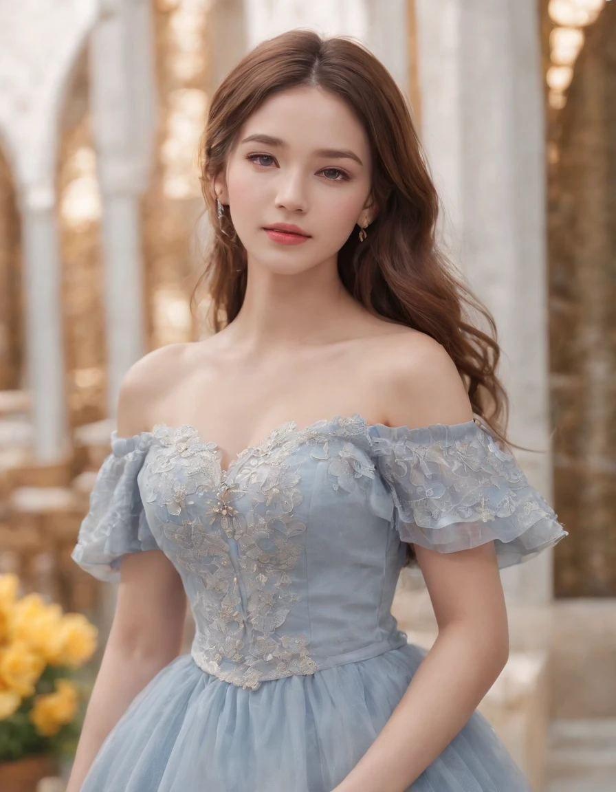 1girl,solo,jewelry,long hair,necklace,earrings,simple background,looking at viewer,cowboy shot,off shoulder,__yanse__ dress,wavy hair,bare shoulders,grey eyes,lips,parted lips,skirt,frills,(__yanse__ dress:1.3),colorful balloons,winnie the pooh,(hands behind the back:1.5),