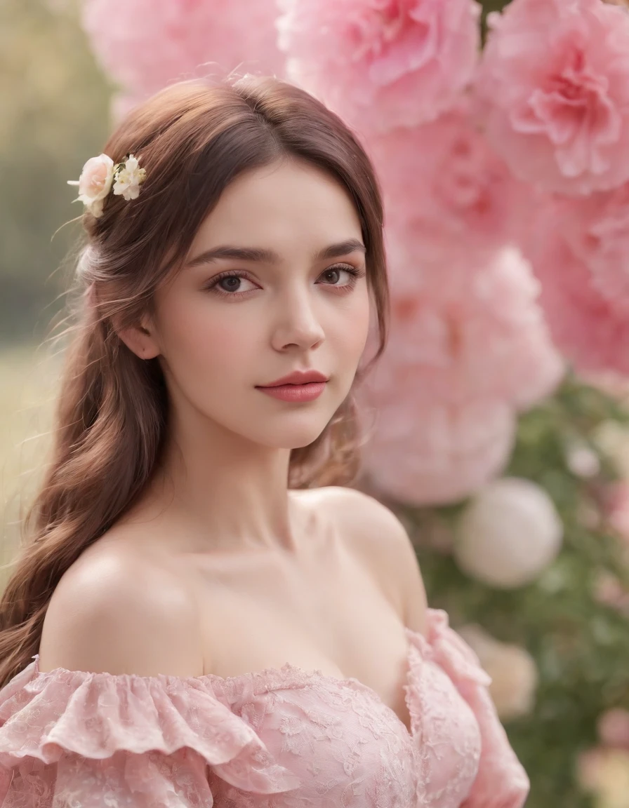 1girl,solo,jewelry,long hair,necklace,earrings,looking at viewer,cowboy shot,off shoulder,wavy hair,bare shoulders,grey eyes,lips,parted lips,skirt,frills,(pink dress:1.3),colorful balloons,winnie the pooh,(hands behind the back:1.3),(flower background:1.5)