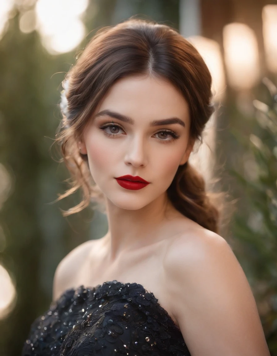 Classic Hollywood glamour, 1girl, dazzling accessories, (captivating eyes, red lips, flawless skin), dramatic pose, interesting composition, spotlight illumination, rich shadows, shallow depth of field, sparkling bokeh, exquisite details, high-resolution, 35mm film, timeless elegance. portrait photography, 35mm film, natural blurry, (simple background:1.2)