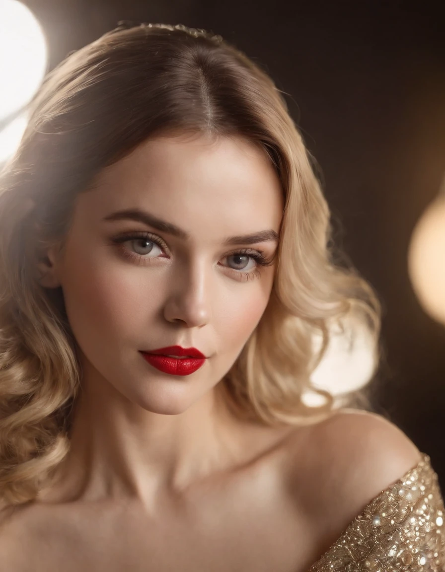 Classic Hollywood glamour, 1girl, dazzling accessories, (captivating eyes, red lips, flawless skin), dramatic pose, interesting composition, spotlight illumination, rich shadows, shallow depth of field, sparkling bokeh, exquisite details, high-resolution, 35mm film, timeless elegance. portrait photography, 35mm film, natural blurry, (simple background:1.2)