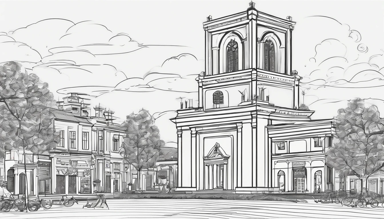 In the square,The bell tower is in the center、Celebrate the harvest festival、line art,Black and white draft