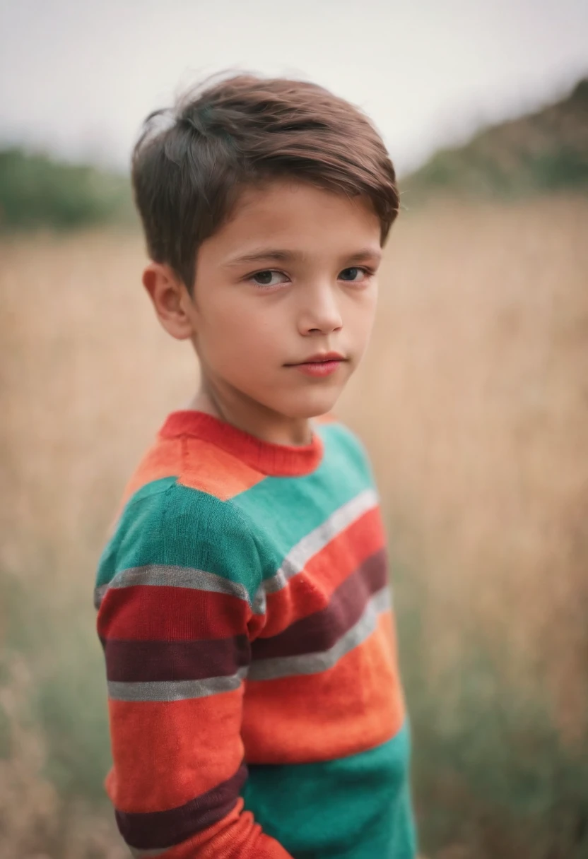 a photo of boy with colorful stripes, in the style of analogue filmmaking, negative colors, light emerald and light crimson, kodak vision3 50d, himalayan art, ethereal portraits, flickr, split toning