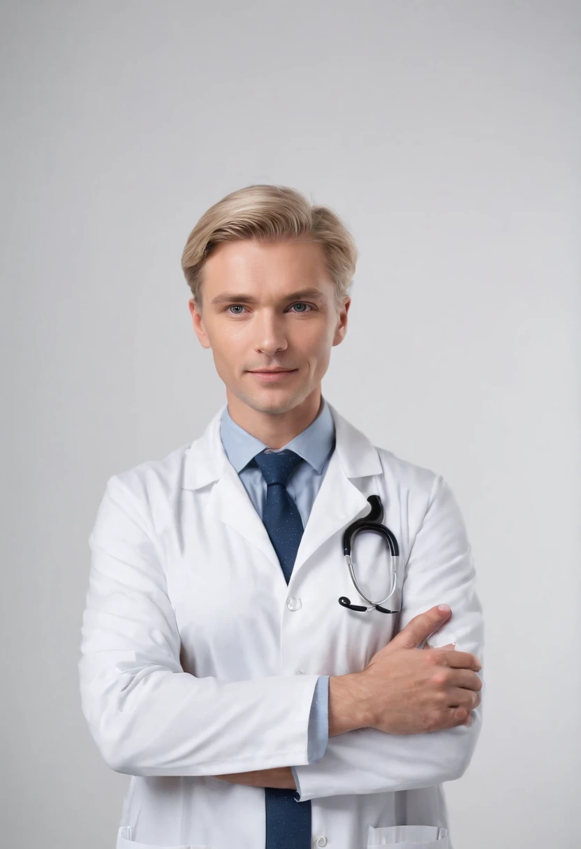 blond doctor with stethoscope over his neck, posing with arms crossed, white background, in the style of ultrafine detail, high quality photo, 35 mm f/2.4.