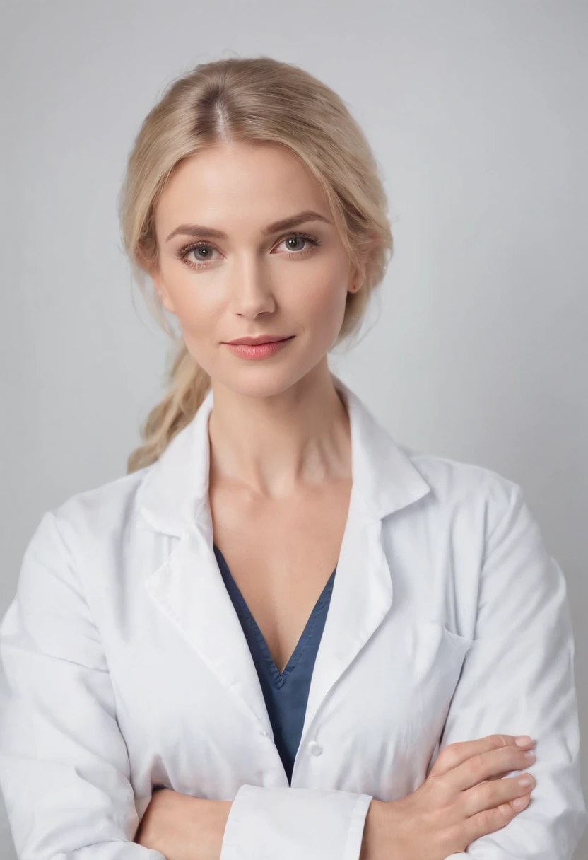 blond doctor with stethoscope over his neck, posing with arms crossed, white background, in the style of ultrafine detail, high quality photo, 35 mm f/2.4.