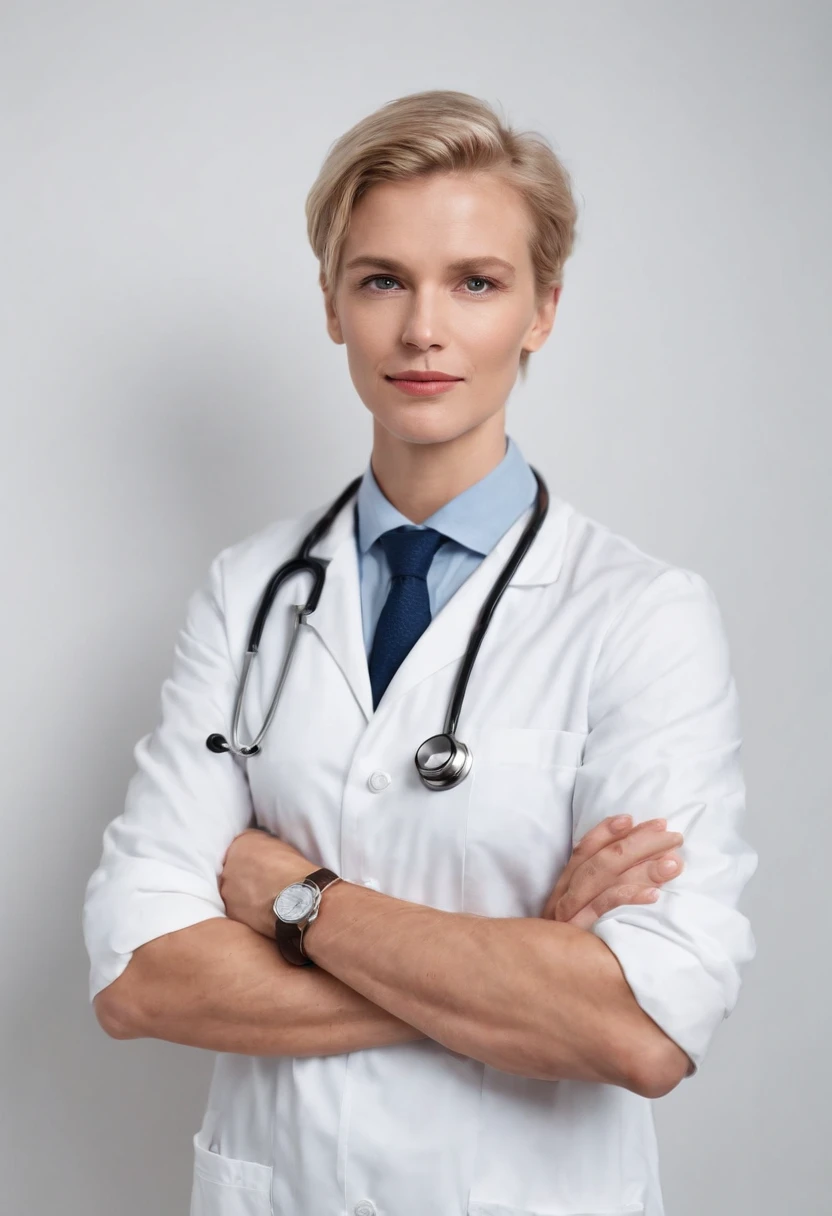 blond doctor with stethoscope over his neck, posing with arms crossed, white background, in the style of ultrafine detail, high quality photo, 35 mm f/2.4.