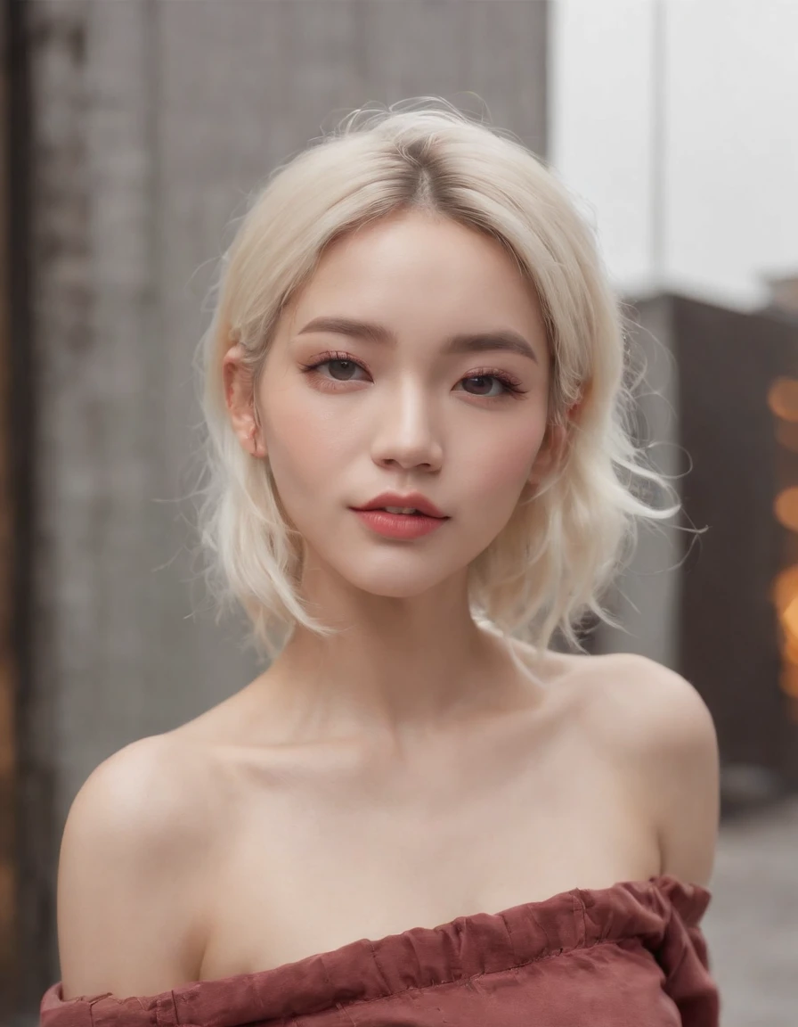 a woman, (pretty, attractive, cute), [platinum_blonde_hair], multicolor_hair, messy_hair, (styled_hair), updo, half_up_hair, (asian, (korean, kpop)), ((pale_skin)), eyeliner, mascara, realistic, photo, ((moaning), parted_lips), (tattoo, tattoos), (sitting), BREAK, (rim lighting), two tone lighting,dramatic, [[jacket]], chic, cool, [[off_shoulder]], (hypebeast, streetwear, urban), thin_waist, (navel), (neon_lights, neon_sign), dark, night-time, night, evening, dark_alleyway, alley, graffiti, outdoors, masterpiece, realistic, photo,
