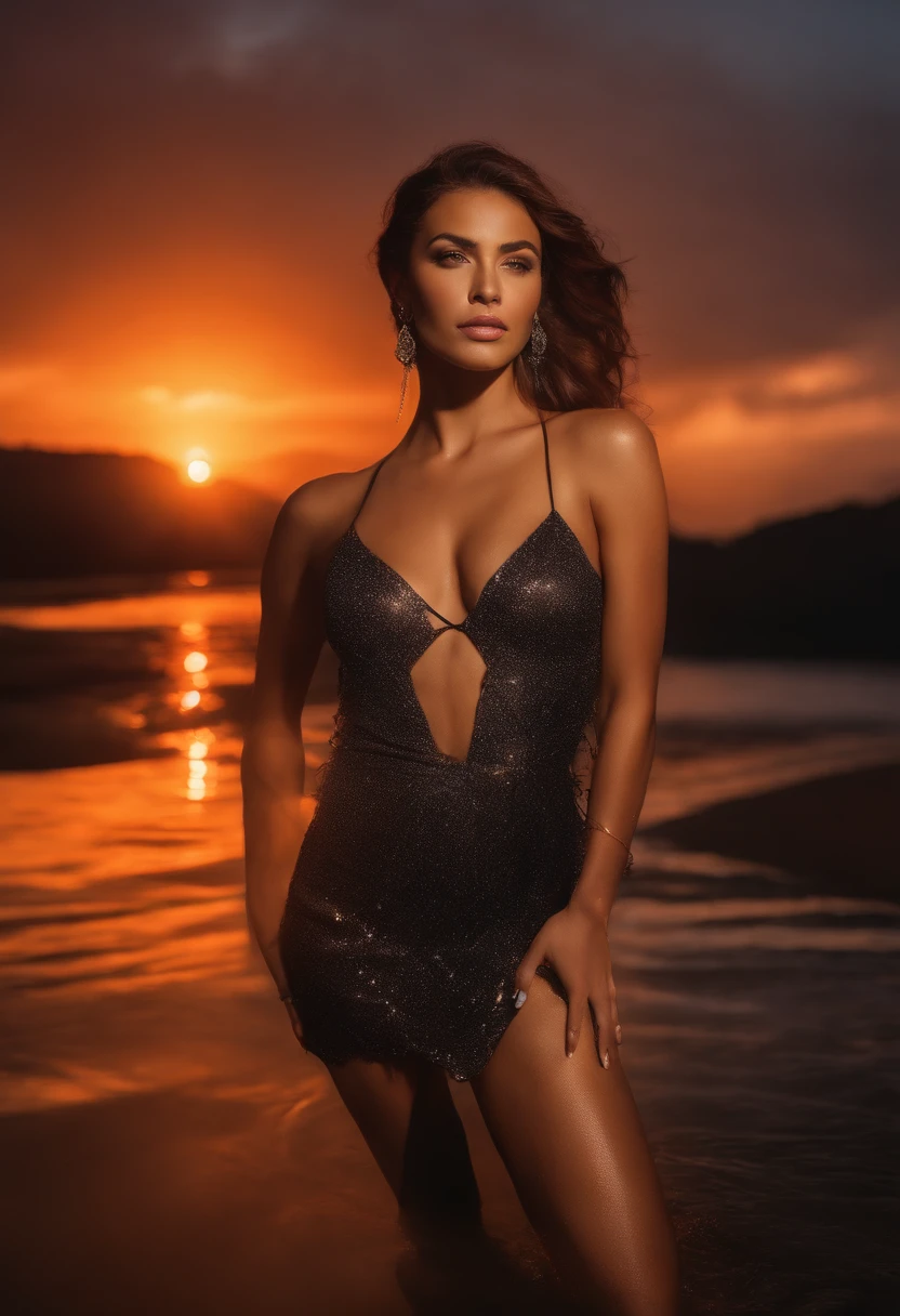 Stunning vibrant amazing Sunset in a Professional Body Photo of (Ana Cheri), age 19 years, 16k extremely detailed hyper realistic raw quality ultra sharp focus, bellybutton piercing, kicking lots of water splashes, entire body photo, nice makeup, extra long luxuriant highly detailed haircut, tattoos, laughing, pose of skincare breathtaking beauty model, out of the water, sunset highlights rays aura, intricate details, reflecting oiled wet body, incandescent iridescent shine glow, redhead, divine, impossible to think it's not a perfect real photo, lots of water splashes, waterdrops everywhere, provoking look attractive feeling hot, photo by Hasselblad X1D-50c, analog style FUJIFILM, vibrant saturated colors, wind typhoon, contrasted and lighted ambience, ultra realistic skin textures with pores, unbelievable extreme real textures, insane zooming details, face recovery, clarity, 600dpi, award winning photography, rich jewelry with gold and diamonds