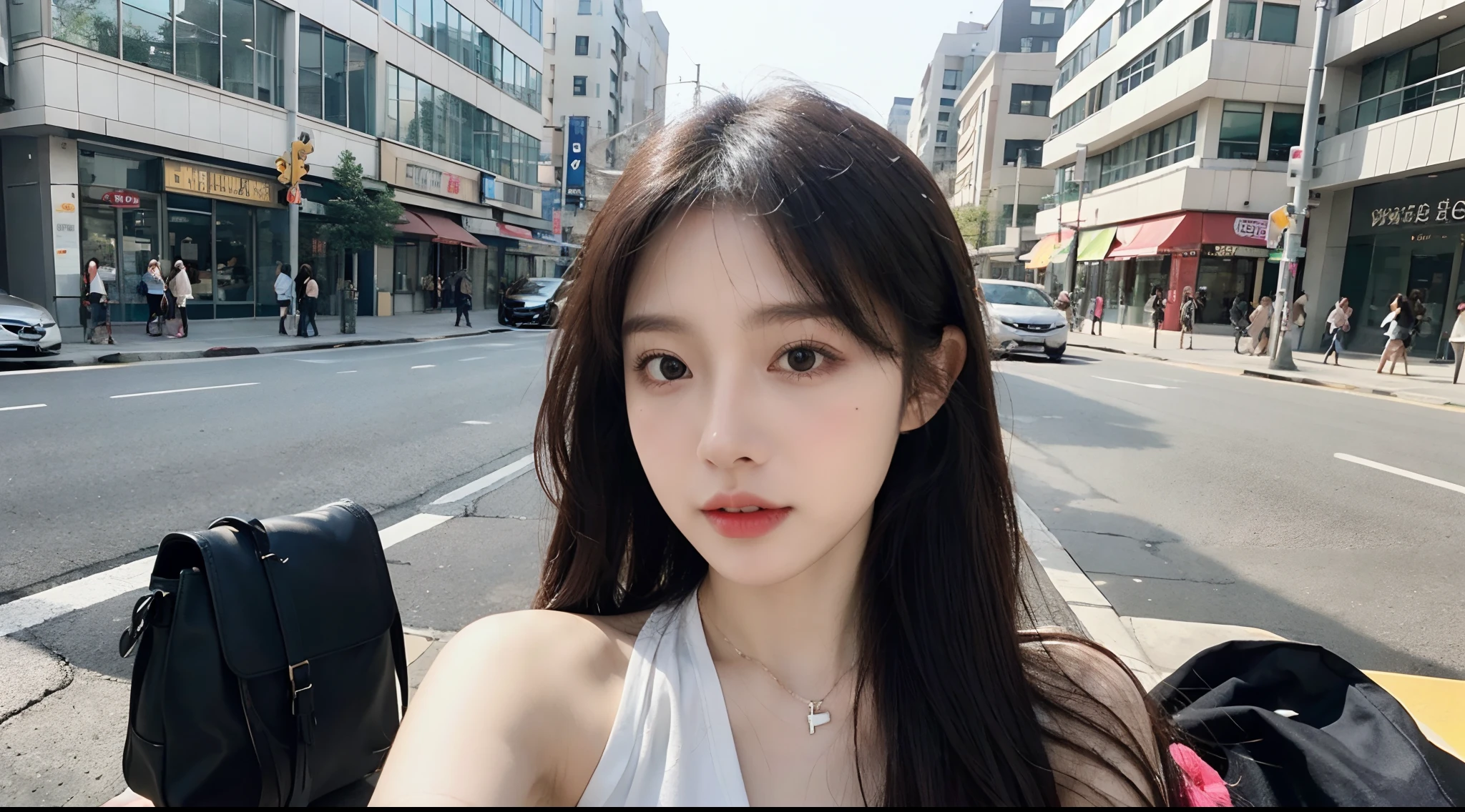 (High-resolution 8K raw photos are realistic,best qualtiy)，Fashion trendy beautiful and charming woman，gentle and charming Chinese beautiful woman，Korea,Kpop idol，delicate and sexy collarbones，charming oval face，二重まぶた，Ingenious[peaches]flower eyes，redish pink lips，small-nose，exposed bare shoulders，focus at face，closeup of face，Hyper-detailing，The shirt pattern is tight，Light shawl small coat，White hip wrapped skirt，Light red hair，Background bokeh，cleavage，long leges，(Seven-doppelganger shot，中景 the scene is，Solo：1.4)，Lace，lacing，head gear， Fresh and impressive， natural color，(pedestrian street，cbd,rays of sunshine，outside，LV shoulder bag for women，cellular phone)，Front light，Sitting on the side of the street，deck chair