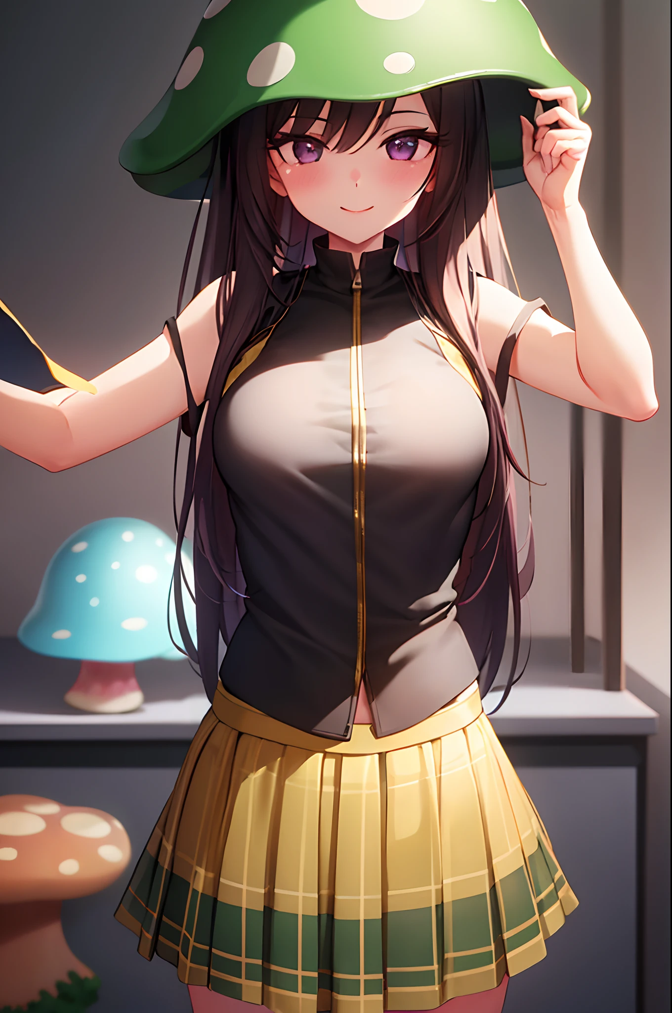 best quality, detailed face, 1girl, middle breast, smile, skirt, good anatomy, looking at viewer, soft focus, cinematic lighting, (mushroom on head 1.3), depth of field