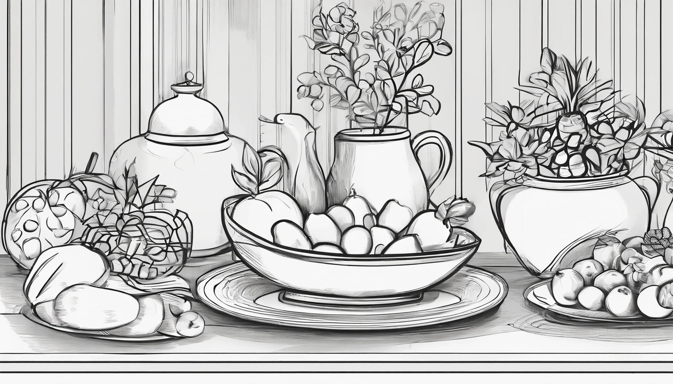 Still Life Drawings,Plates and fruits,Simple environment,line art,Black and white draft