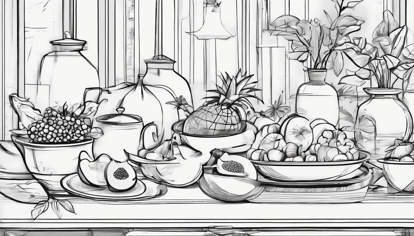 Still Life Drawings，Plates and fruits，Simple environment，line art，Black and white draft
