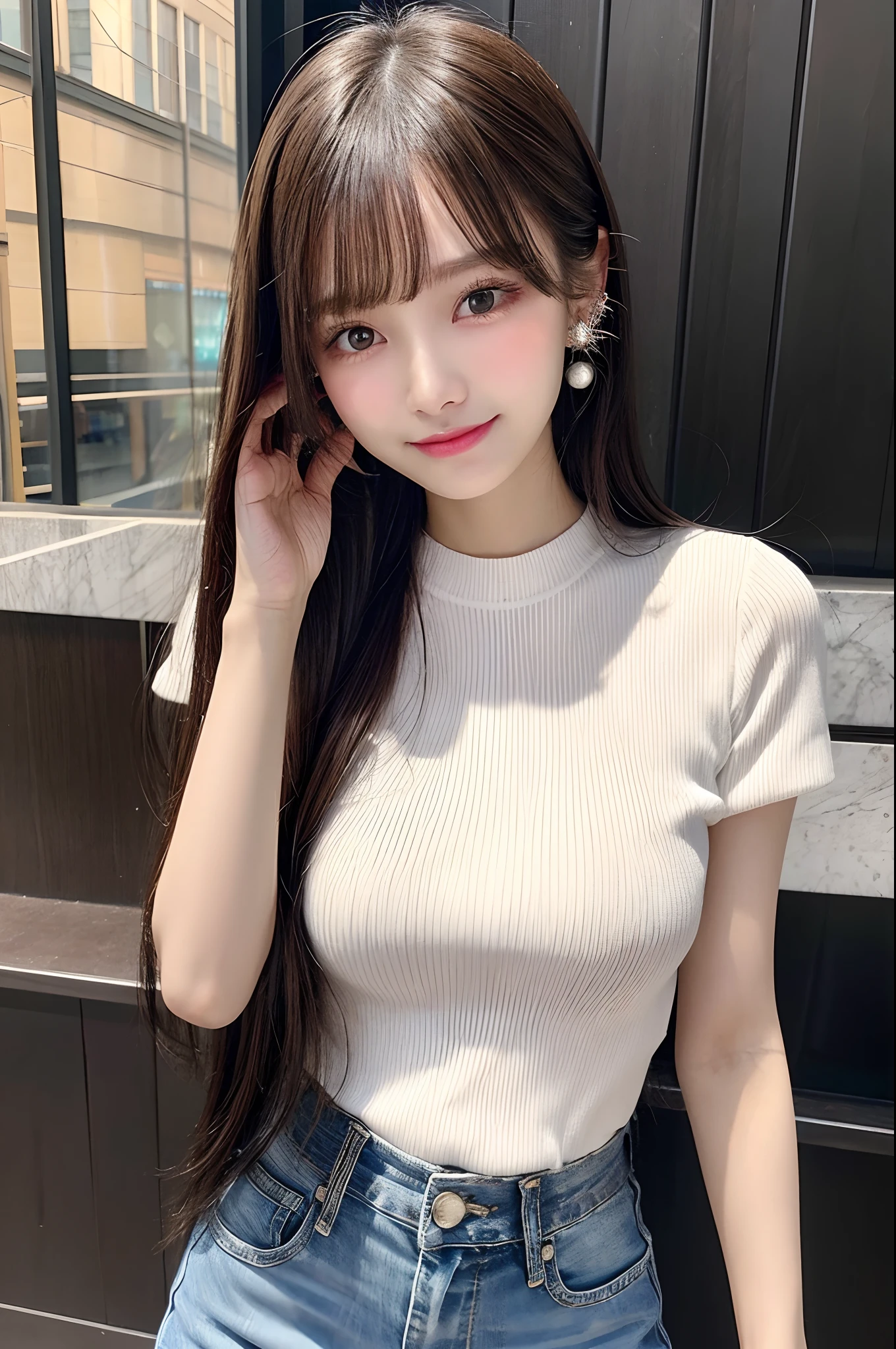(Best Quality, Masterpiece, Photo realistic, Ultra Detailed, ultra high res, raw:1.3), big breasts, 1girl, pretty, Japanese, tight knit, pencil skirt, smile, long hair, bangs, high-waist, (department store)