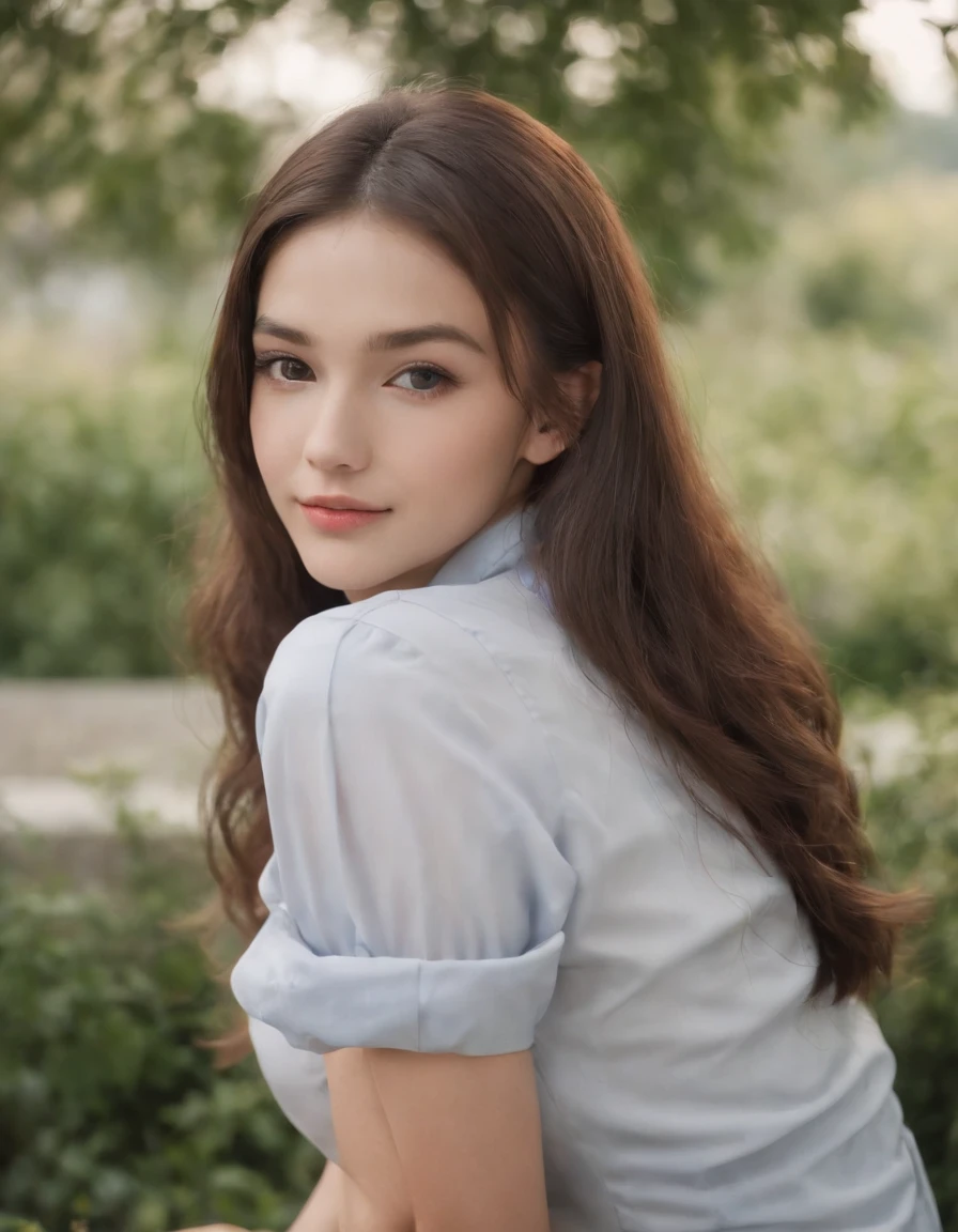 (1girl), sitting, smirk, long hair, glowing skin, model posing, legs crossed, JP SCHOOL UNIFORM, 22 years old, looking at viewer,while the f2 aperture and 35mm lens create a perfect balance of depth and detail.