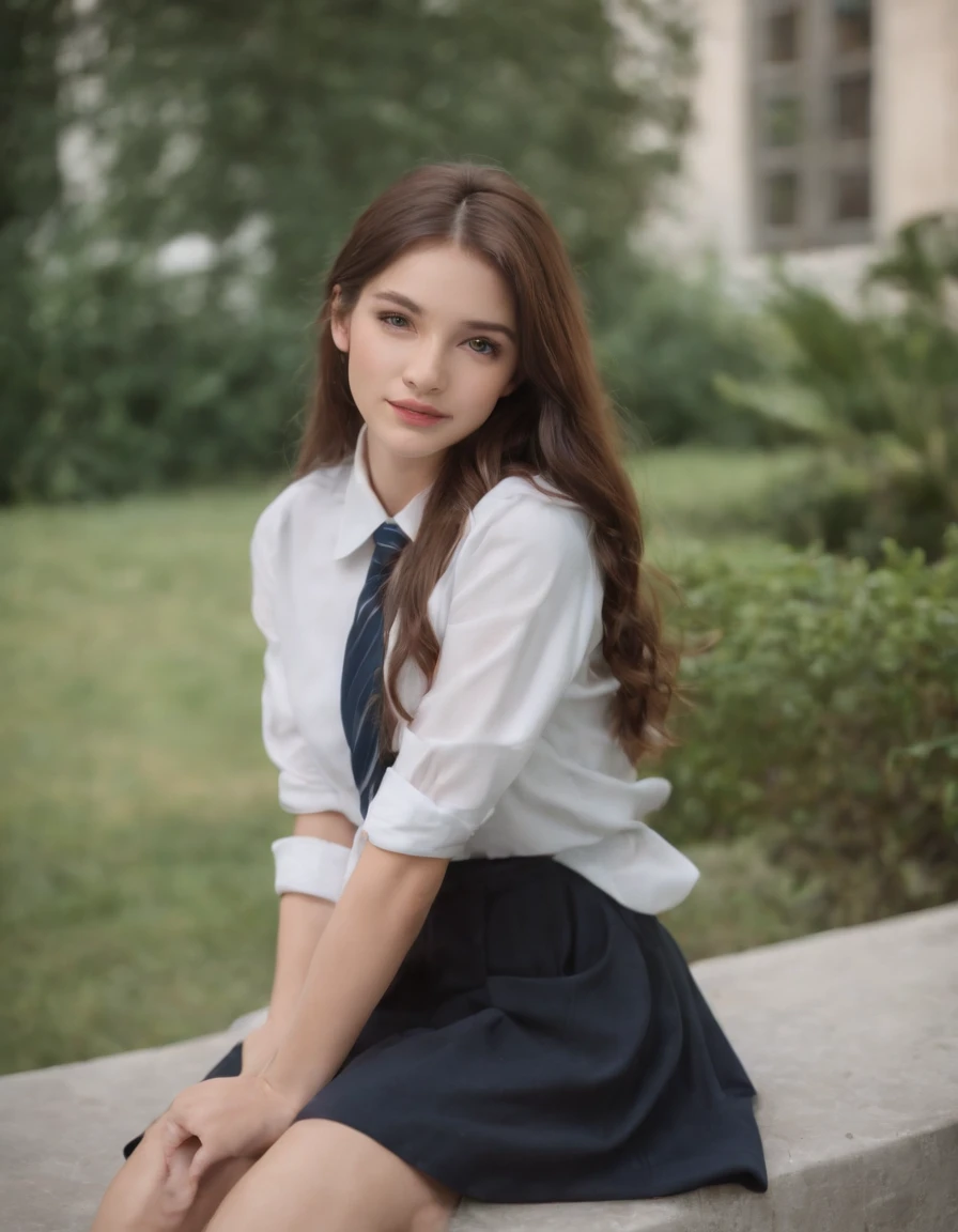 (1girl), sitting, smirk, long hair, glowing skin, model posing, legs crossed, JP SCHOOL UNIFORM, 22 years old, looking at viewer,while the f2 aperture and 35mm lens create a perfect balance of depth and detail.
